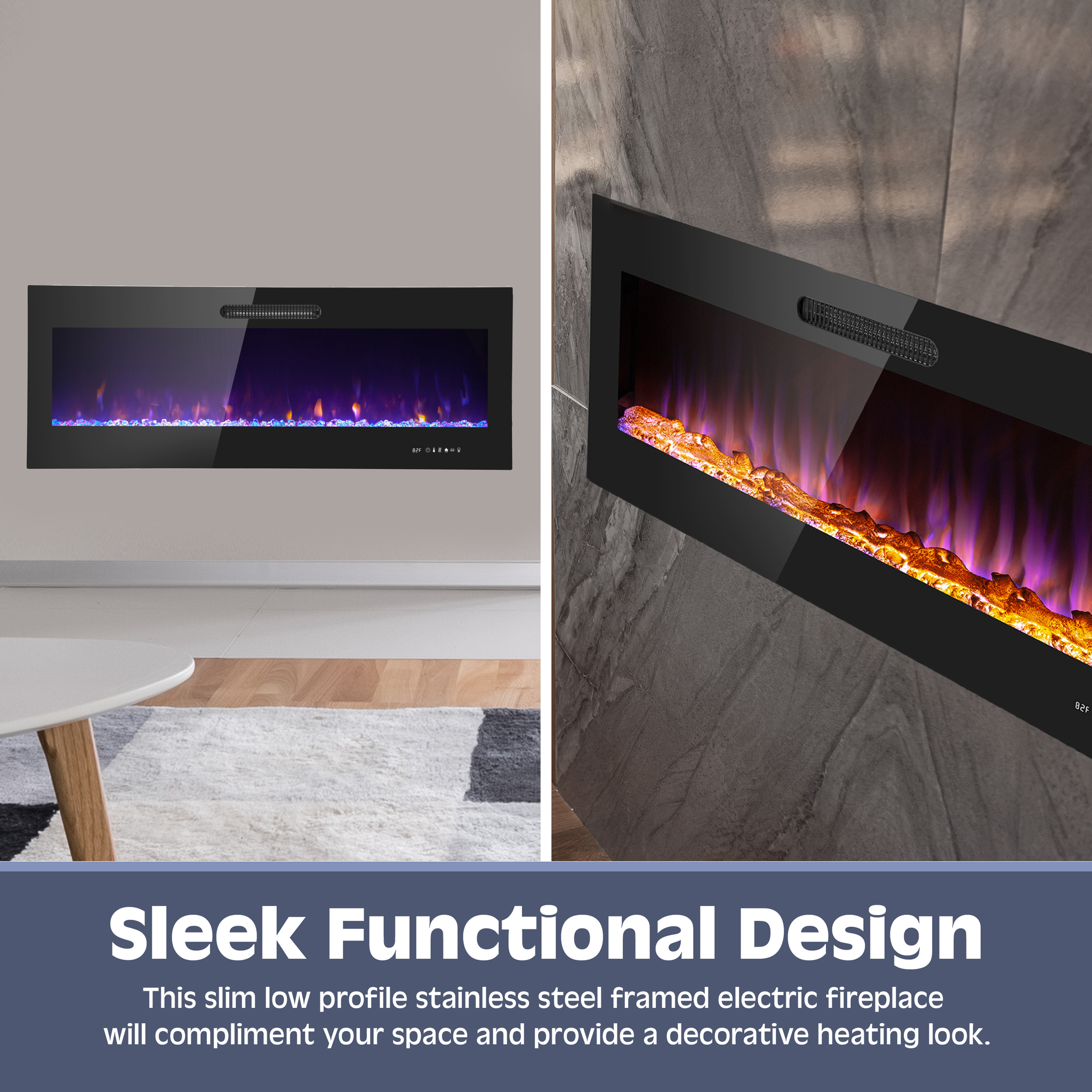 60 Inch LED Slim Design Electric Fireplace Insert and Wall Mounted Fireplace with 1500 Watt Heater, Log & Crystal Ember Options, Adjustable Realistic Flame and Remote Control by Prominence Home
