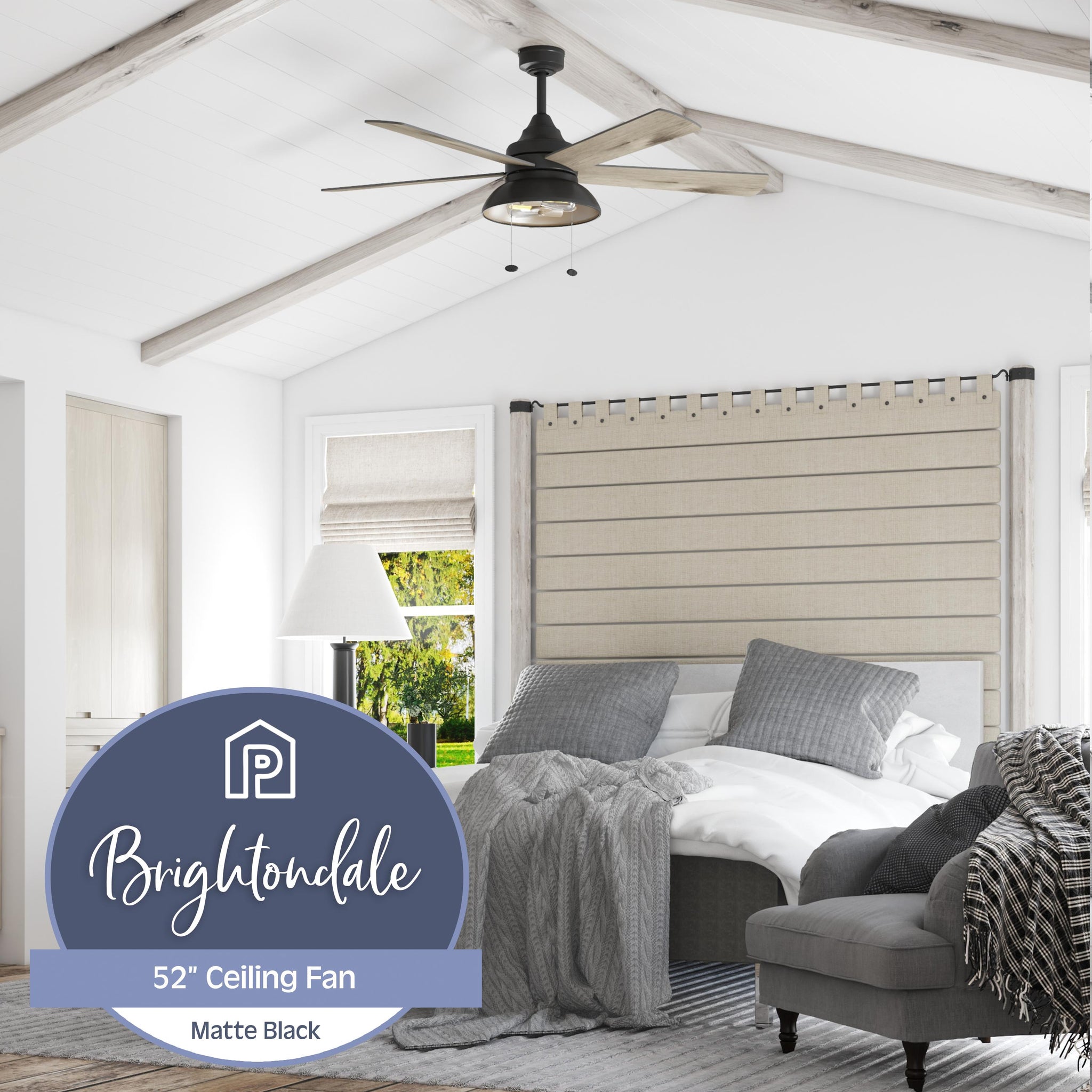 52 Inch Brightondale, Matte Black, Pull Chain, Indoor/Outdoor Ceiling Fan by Prominence Home