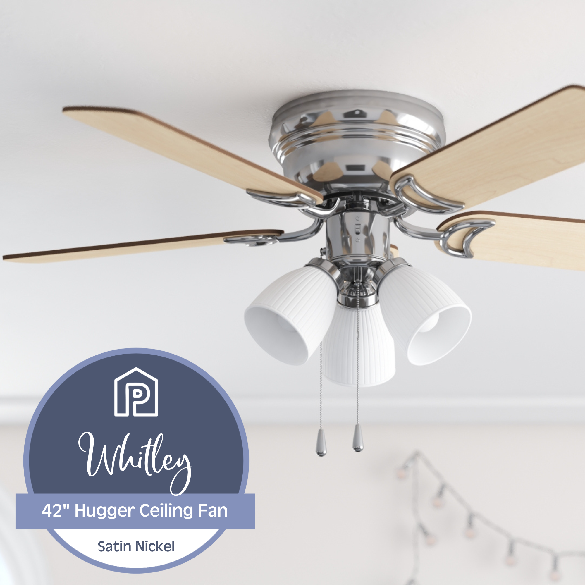 42 Inch Whitley, Matte Nickel, Pull Chain, Ceiling Fan by Prominence Home