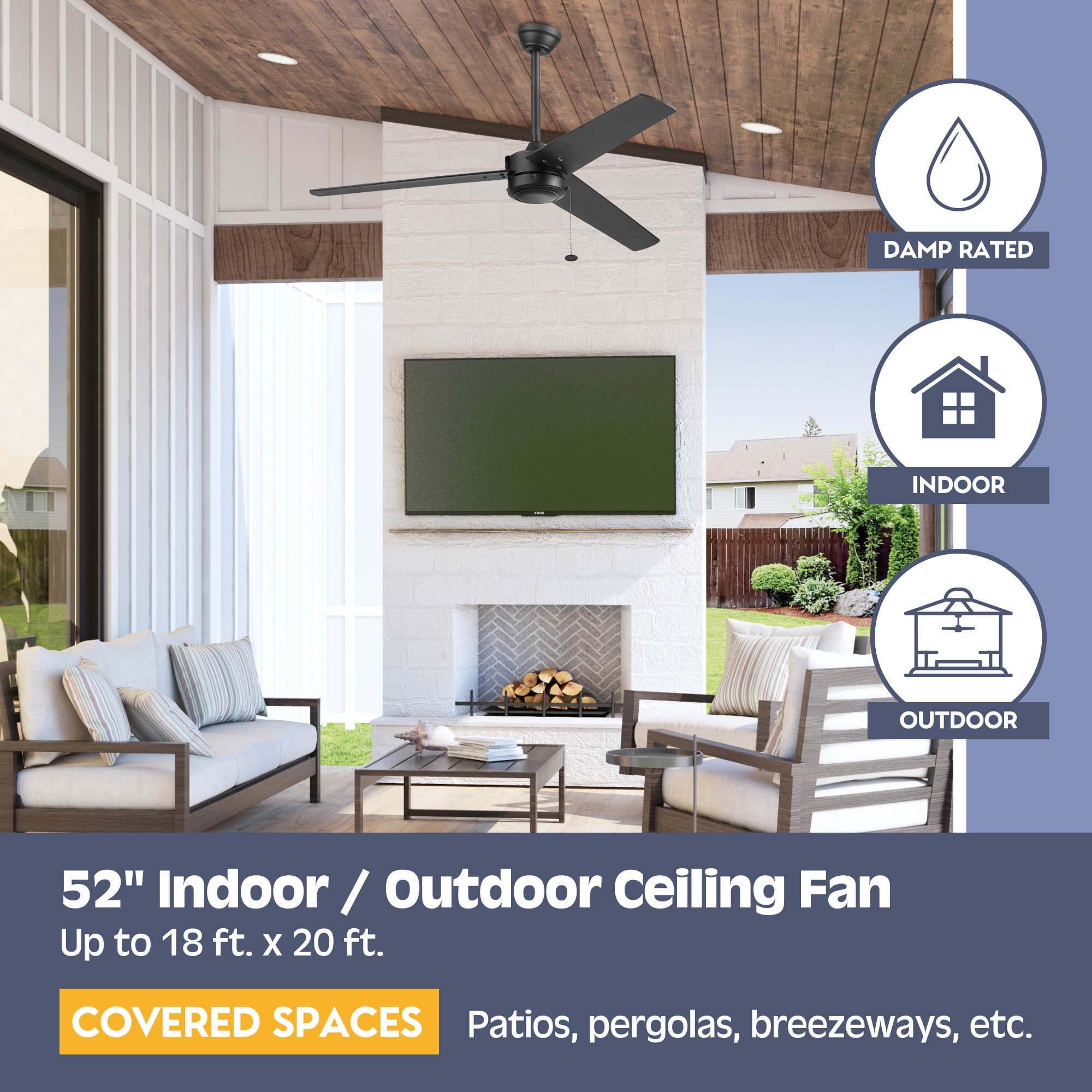 52 Inch Tenant, Matte Black, Pull Chain, Indoor/Outdoor Ceiling Fan