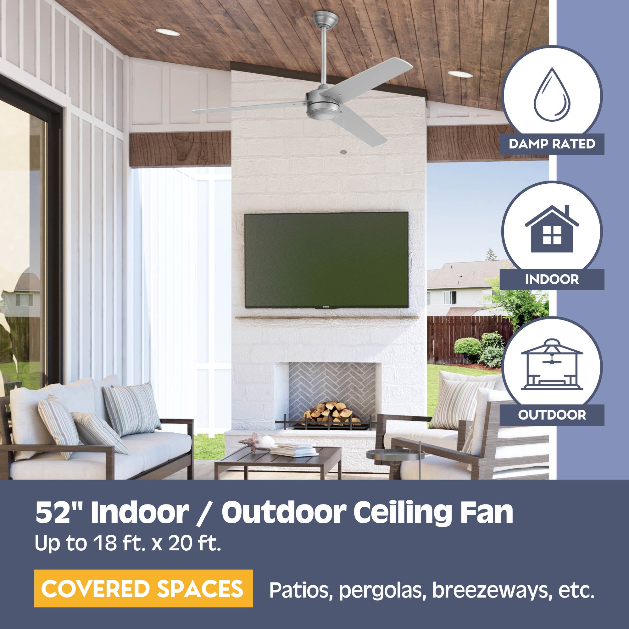 52 Inch Tenant, Matte Nickel, Pull Chain, Indoor/Outdoor Ceiling Fan