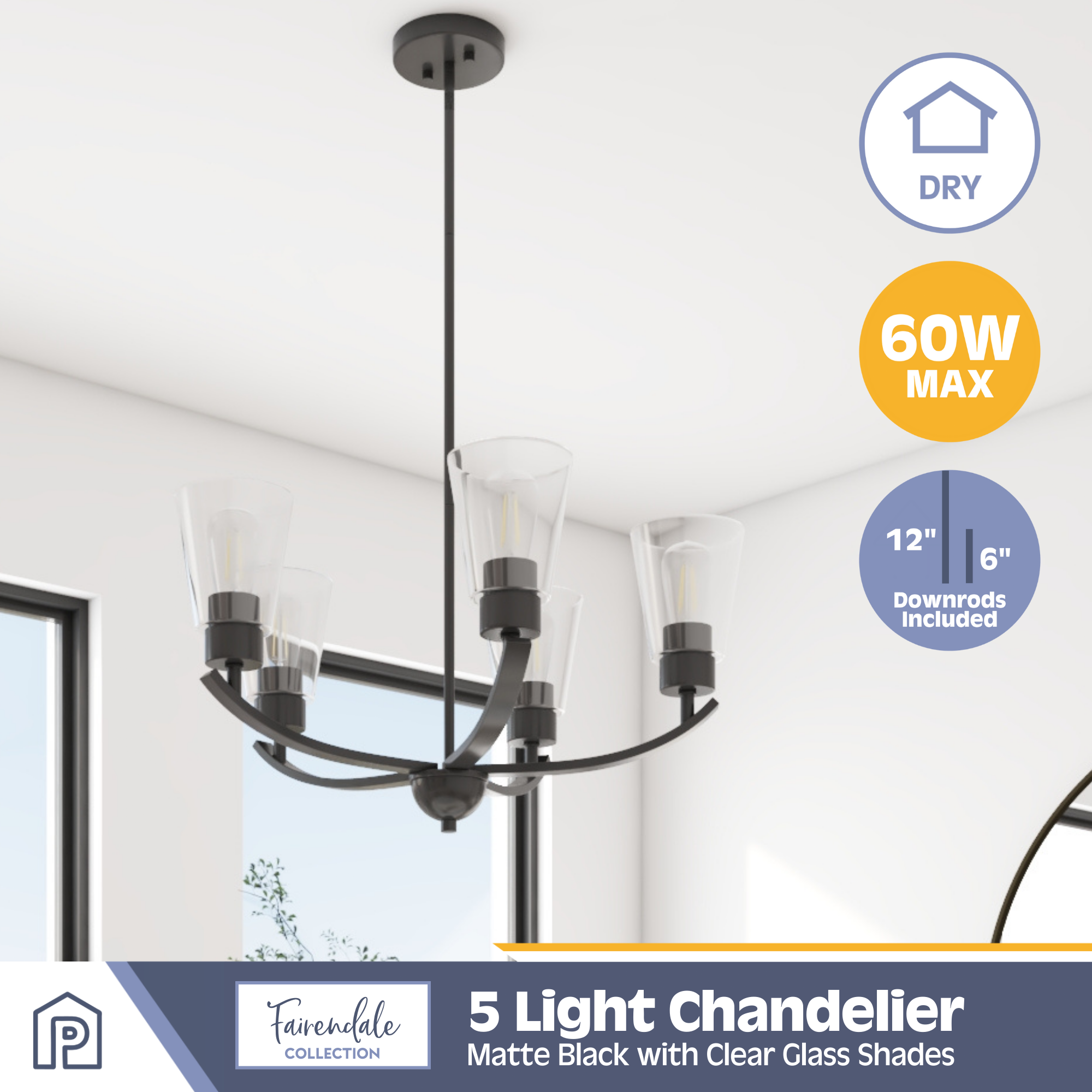 5-Light Fairendale Chandelier, Matte Black, Clear Glass