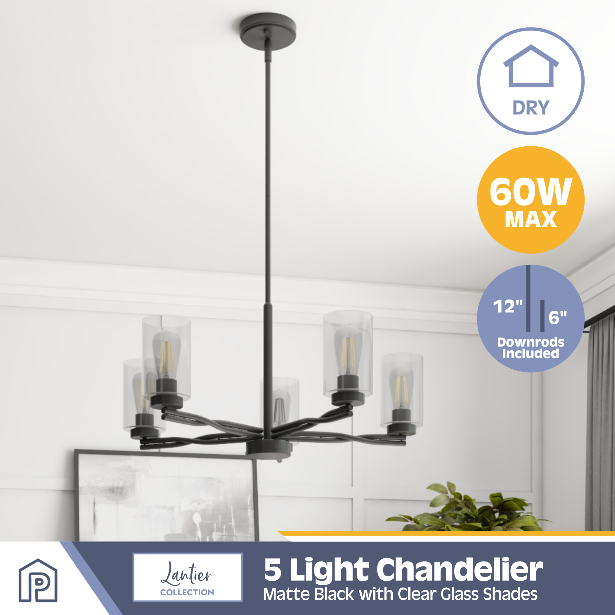 5-Light Lantier Chandelier, Matte Black, Clear Glass