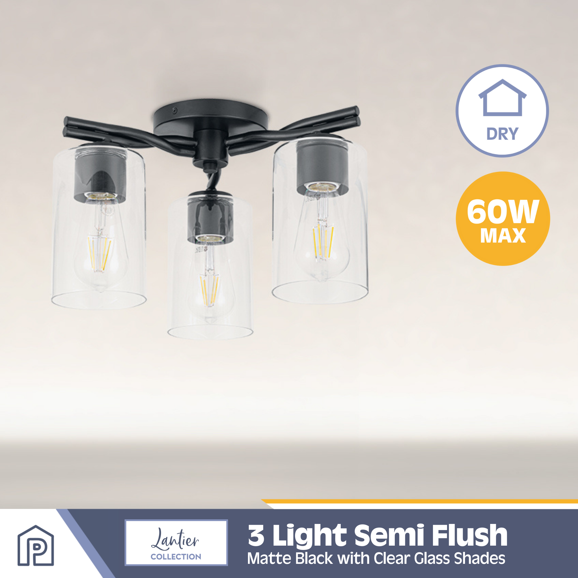 3-Light Lantier Semi-Flush, Matte Black, Clear Glass