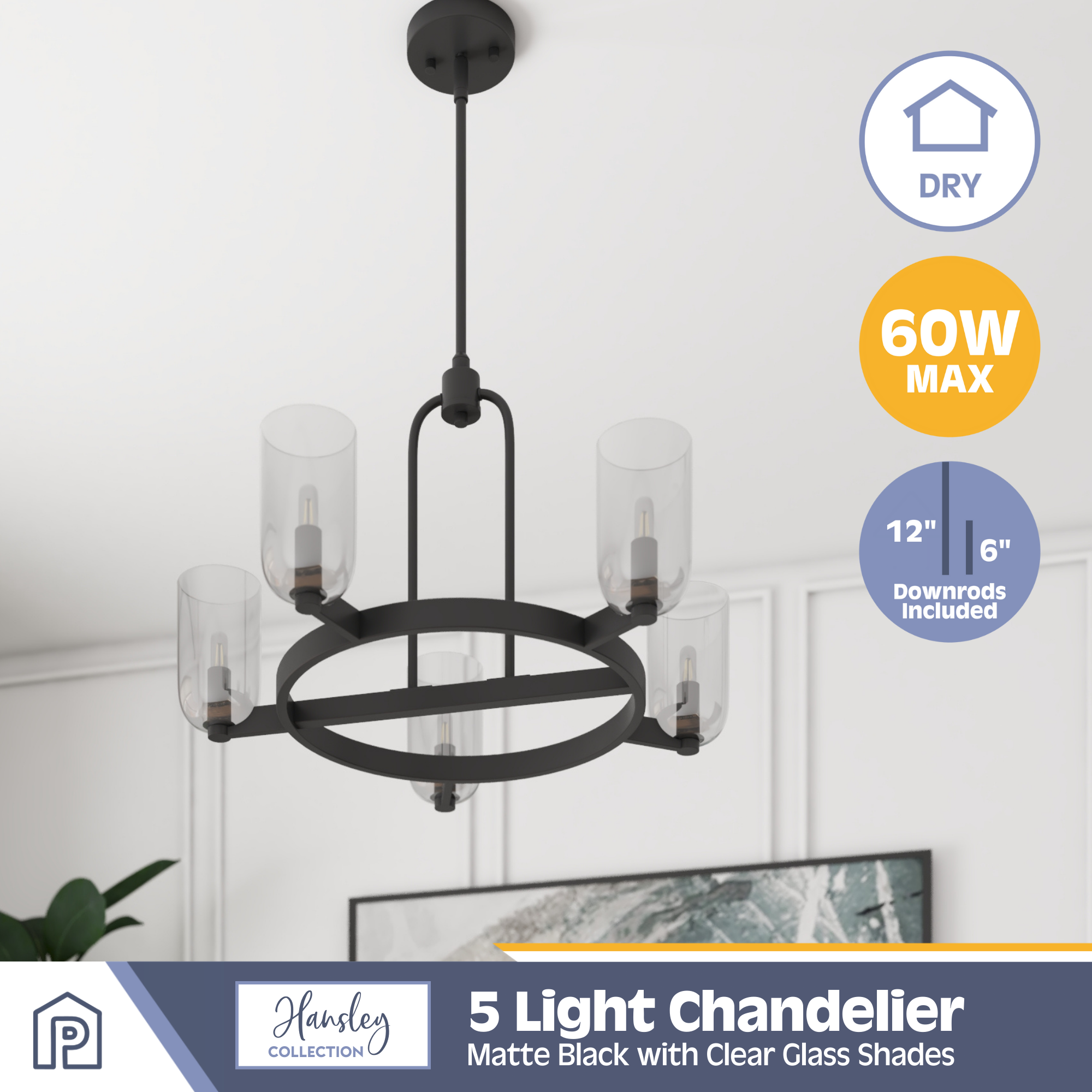 5-Light Hansley Chandelier, Matte Black, Clear Glass