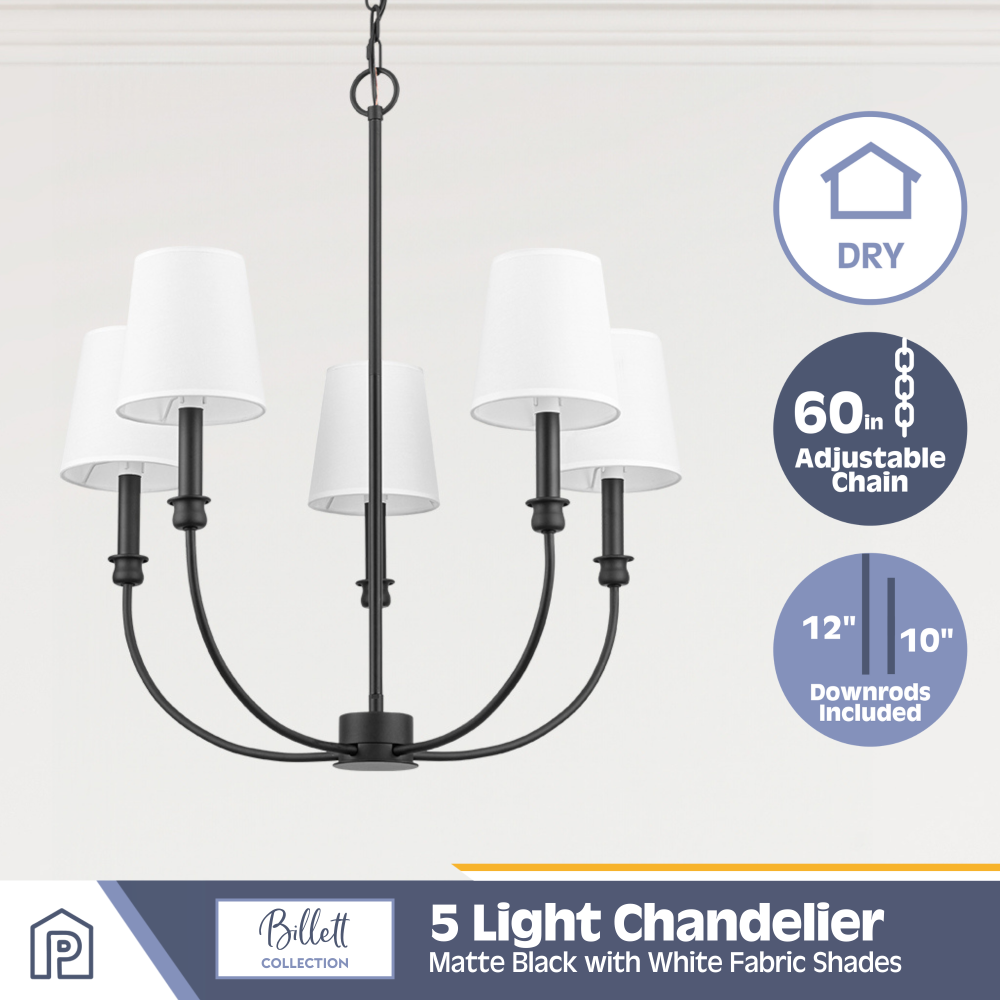 5-Light Billet Chandelier, Matte Black, Fabric Shades