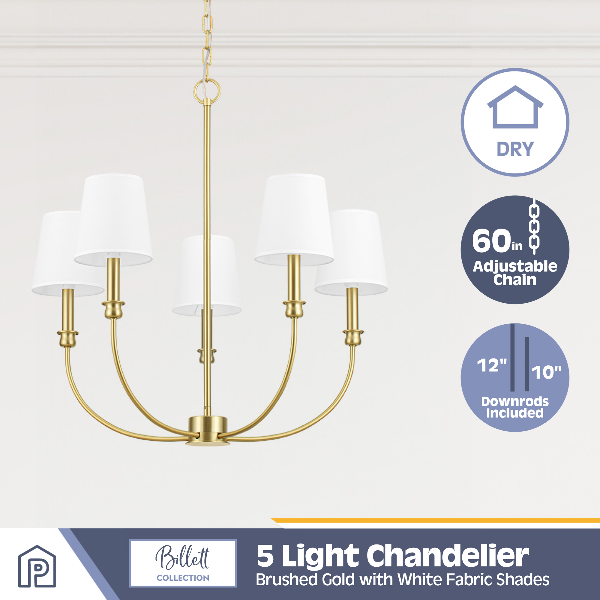 5-Light Billet Chandelier, Brushed Gold, Fabric Shades