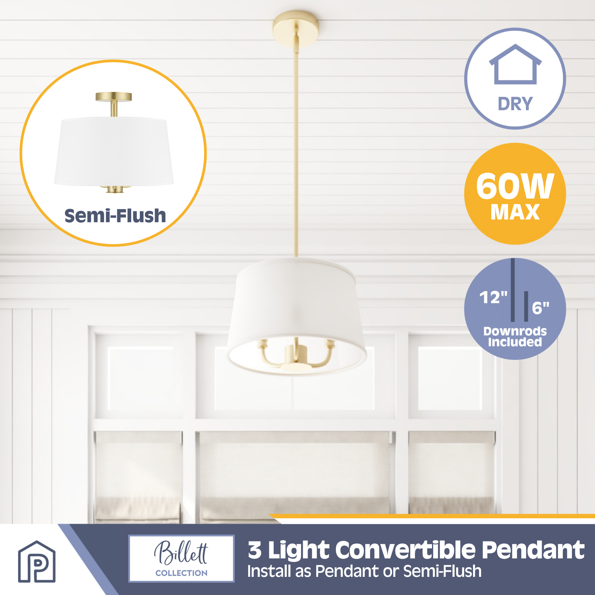 3-Light Billet Convertible Pendant/Semi-Flush, Brushed Gold, Fabric Shades