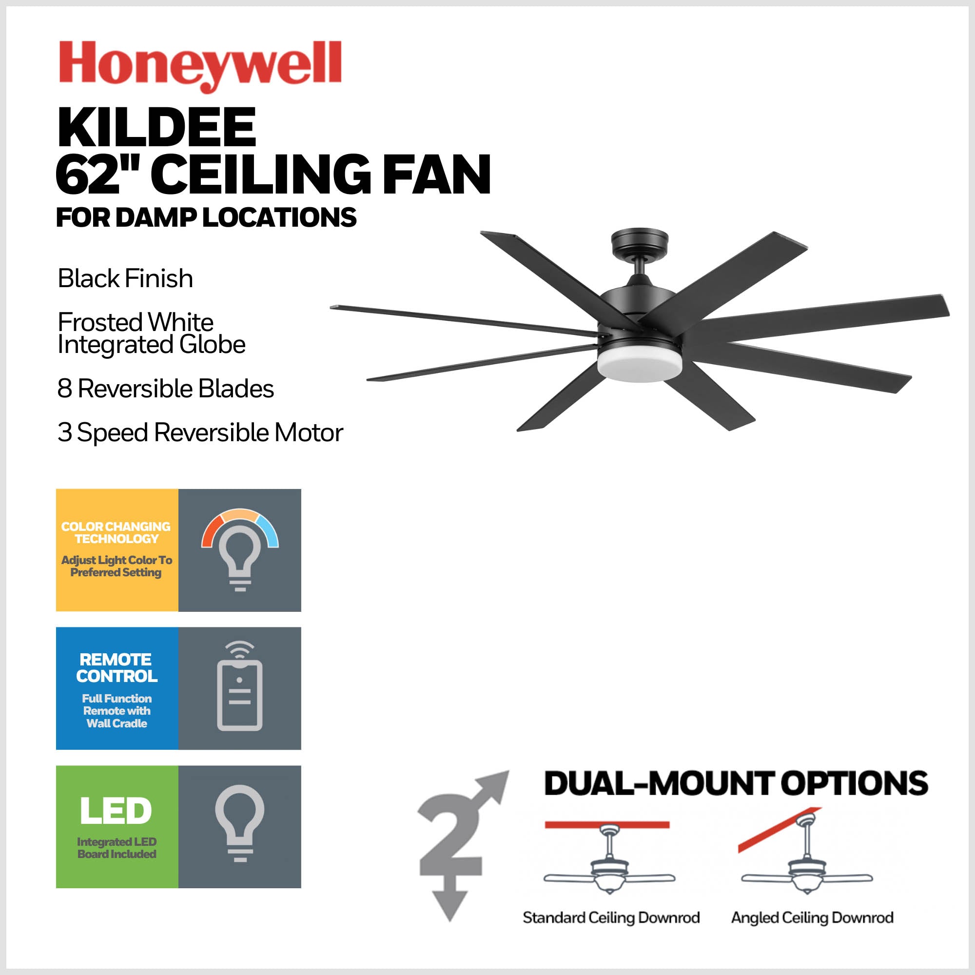 62 Inch Honeywell Kildee Matte Black Color Changing LED Ceiling Fan with Light and Remote