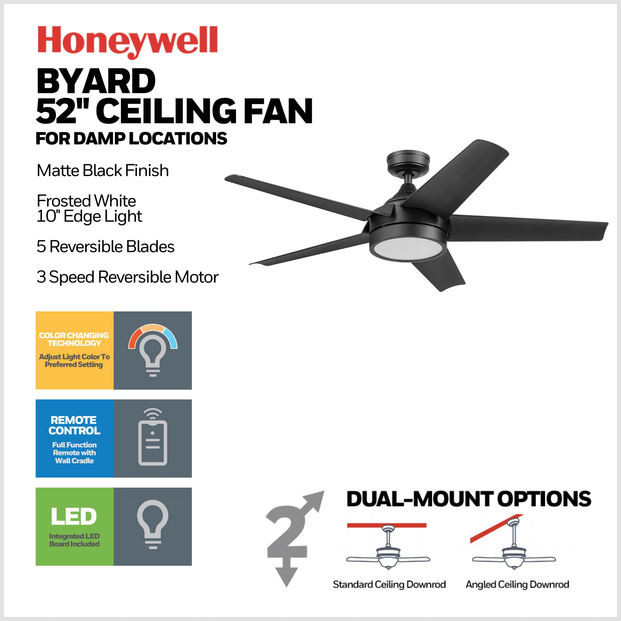 52 Inch Honeywell Byard Matte Black Color Changing LED Ceiling Fan with Light and Remote