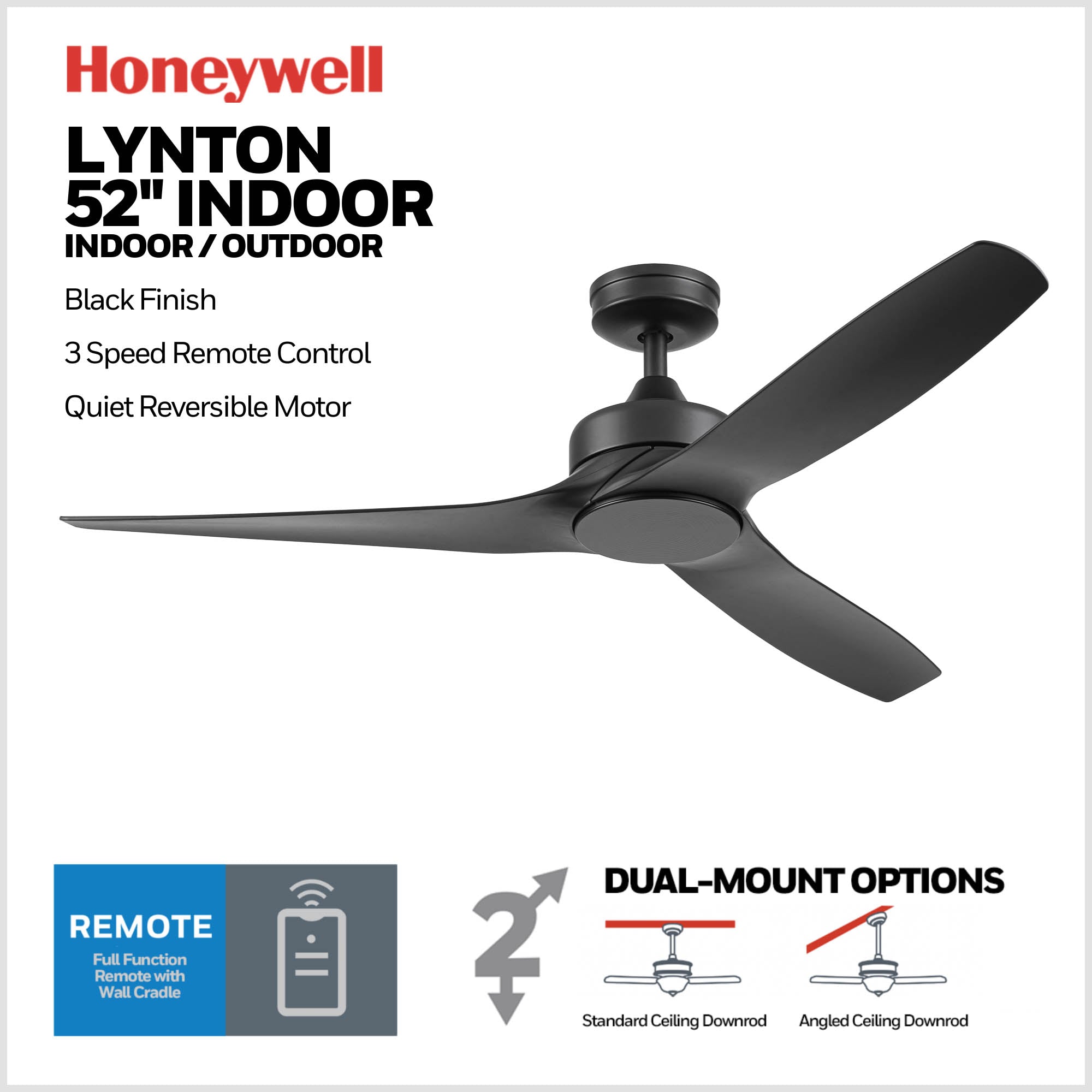 52 Inch Honeywell Lynton Matte Black Color Changing LED Ceiling Fan with No Light and Remote