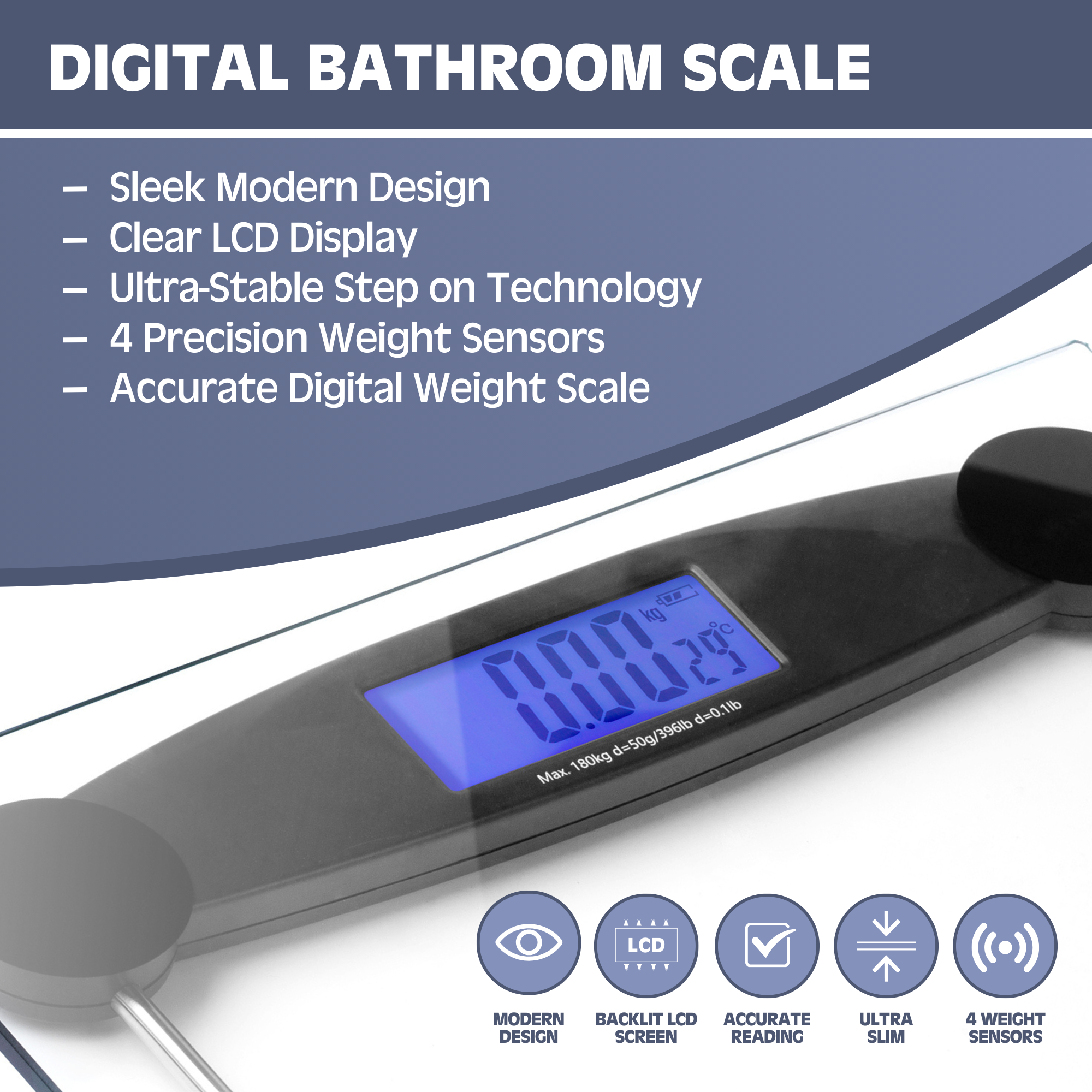 Poplar Home Products Digital Bathroom Scale for Accurate Body Weight – Ultra Thin, Silver and Glass Scale – Auto Step on Design – 4 Precision Weight