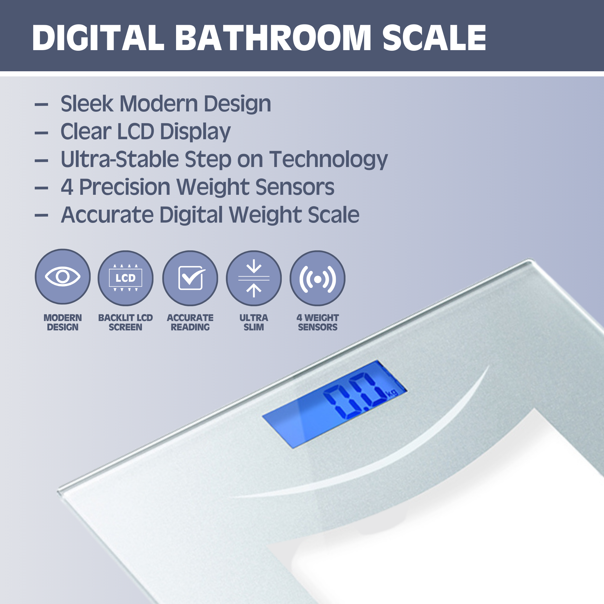Digital Bathroom Scale for Body Weight, Auto Step-On Design, Ultra Thin, Silver and Glass by Prominence Home