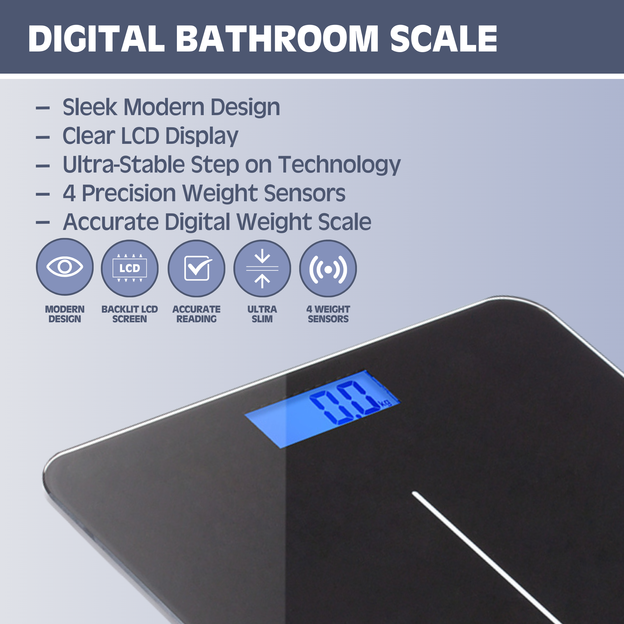 Poplar Home Products Digital Bathroom Scales for Accurate Body Weight – Ultra Thin, Black Scale – Auto Step on Design – 4 Precision Weight Sensors –