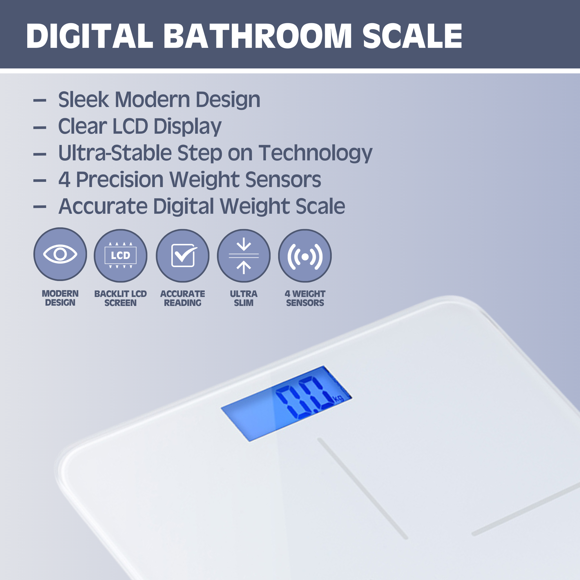 Digital Bathroom Scale for Body Weight, Auto Step-On Design, Ultra Thin,  White