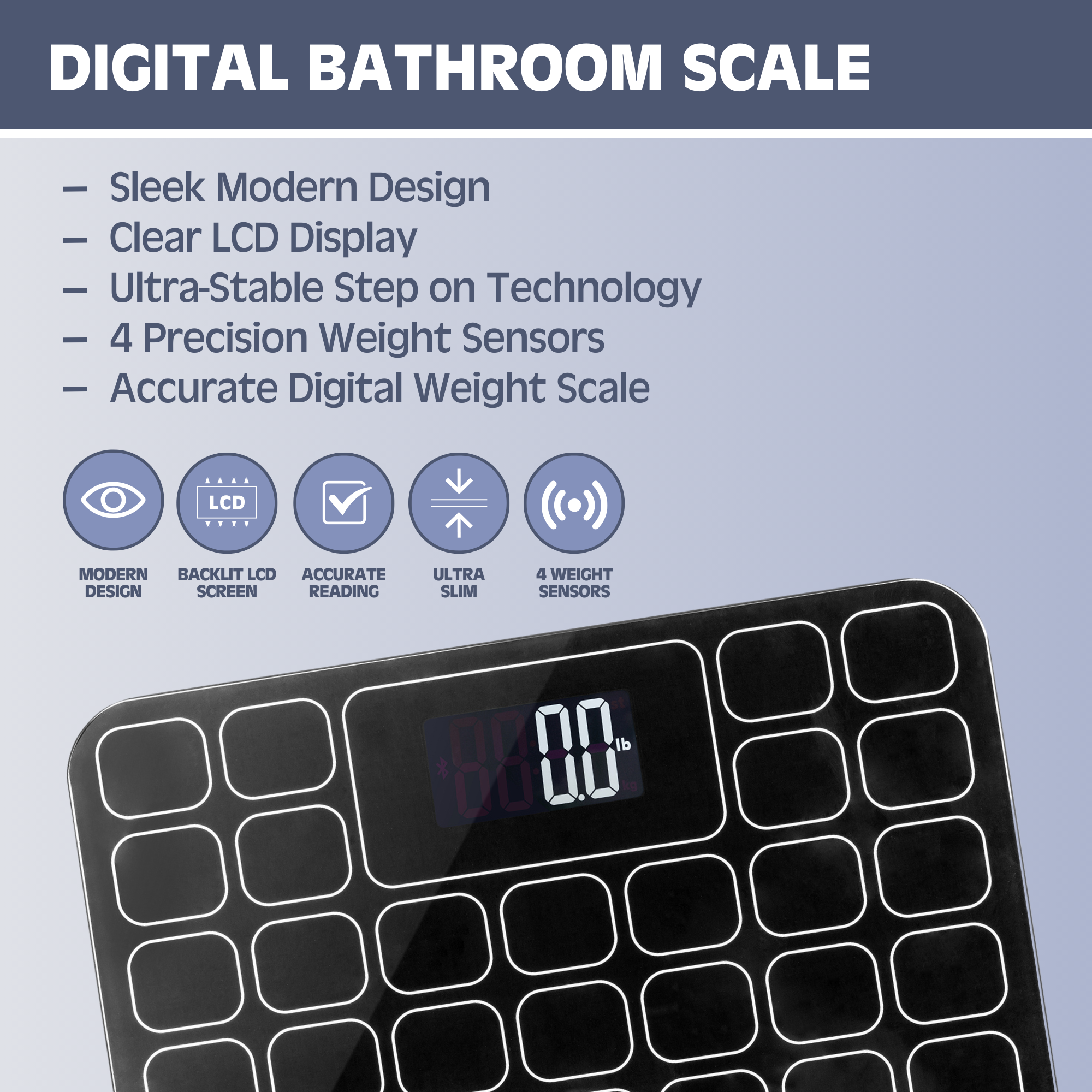 Digital Bathroom Scale for Body Weight, Auto Step-On Design, Ultra Thin, Heavy Duty, Black Grid by Prominence Home