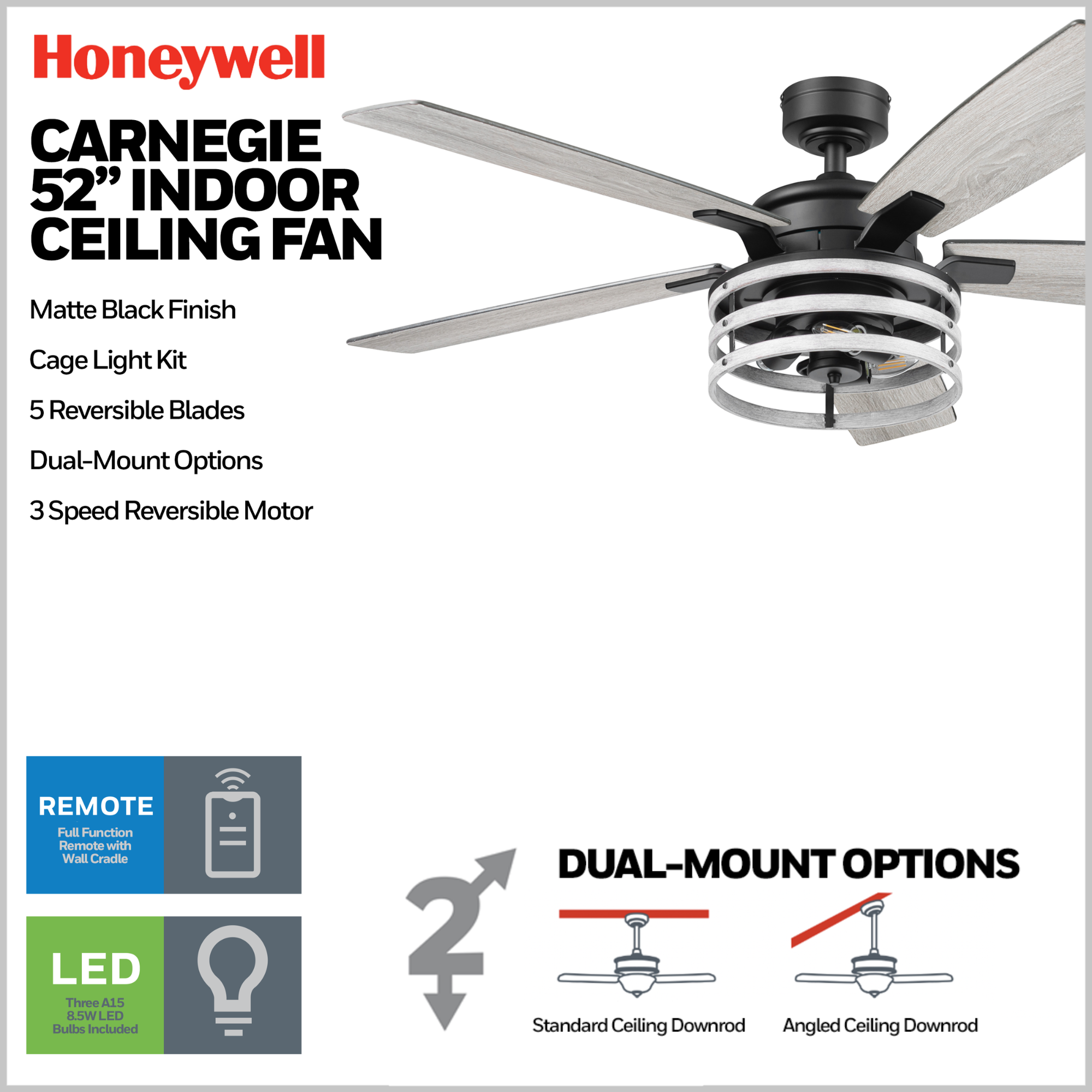 52 Inch Honeywell Carnegie Matte Black/Gray Ceiling Fan with Light and Remote