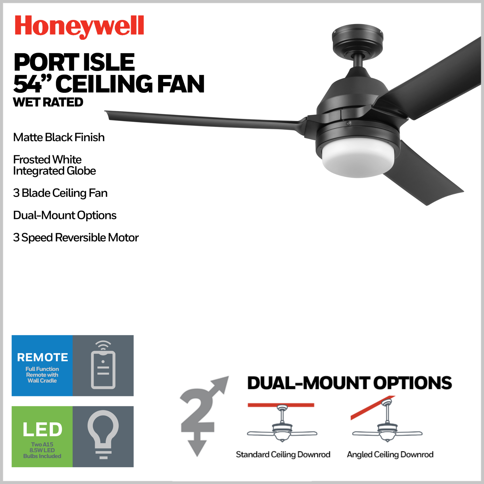 54 Inch Honeywell Port Isle Matte Black Ceiling Fan with Light and Remote