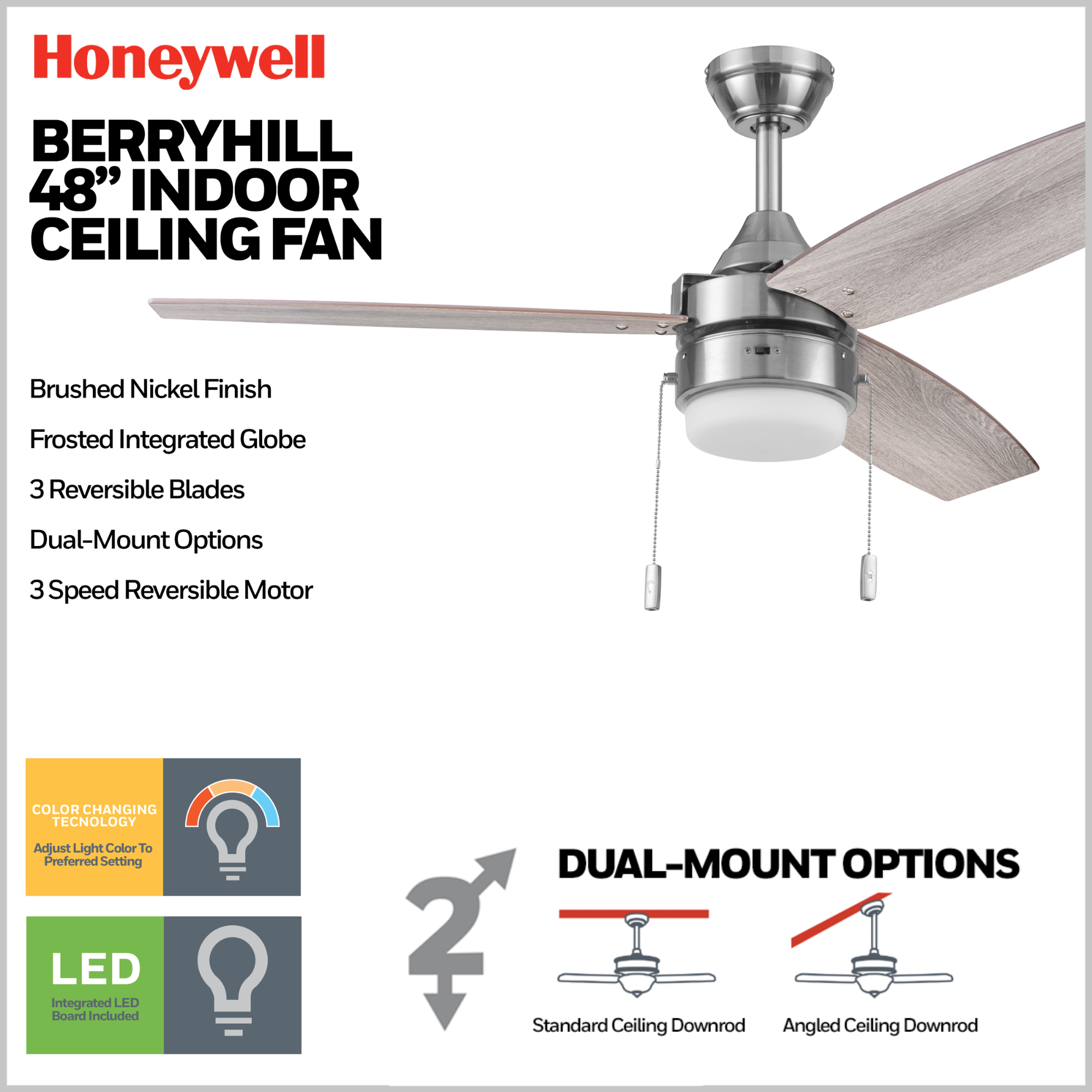 48 Inch Honeywell Berryhill Brushed Nickel Ceiling Fan with Light and Pull Chain