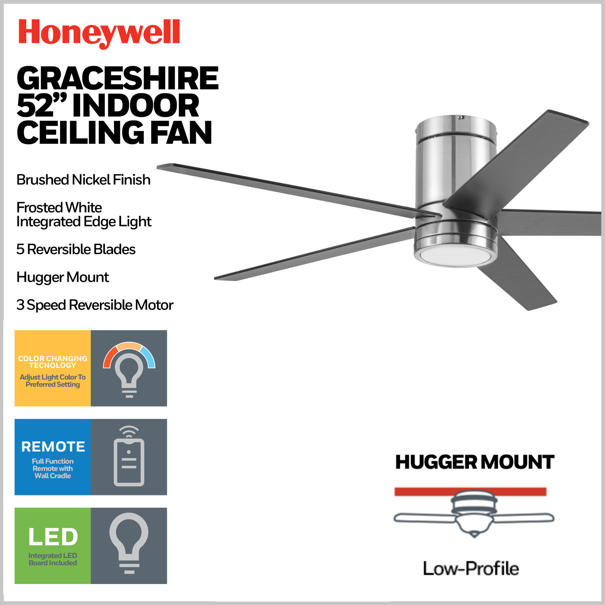 52 Inch Honeywell Graceshire Brushed Nickel Ceiling Fan with Light and Remote