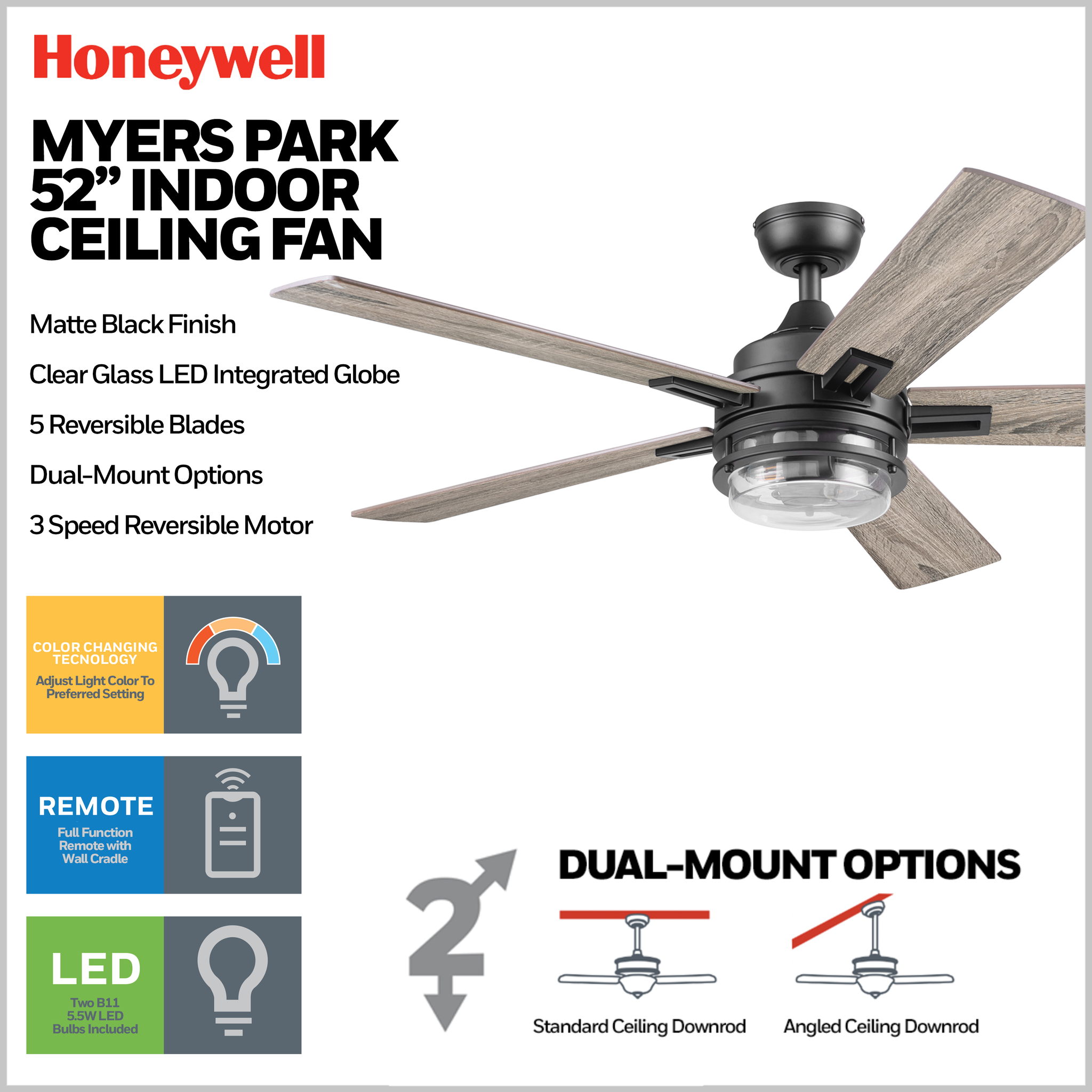 52 Inch Honeywell Myers Park Matte Black Ceiling Fan with Light and Remote