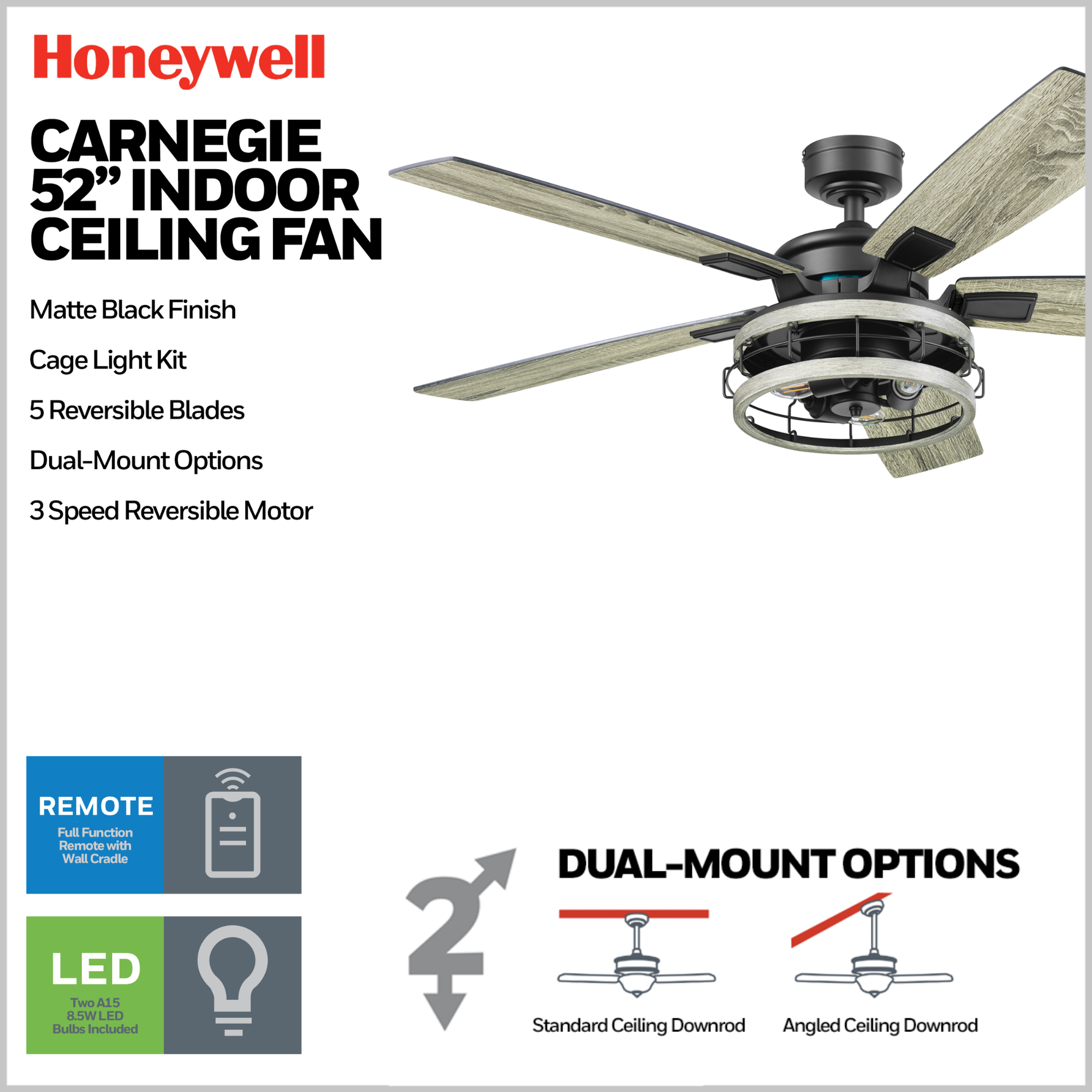 52 Inch Honeywell Carnegie Matte Black Ceiling Fan with Gray Cage Light and Remote