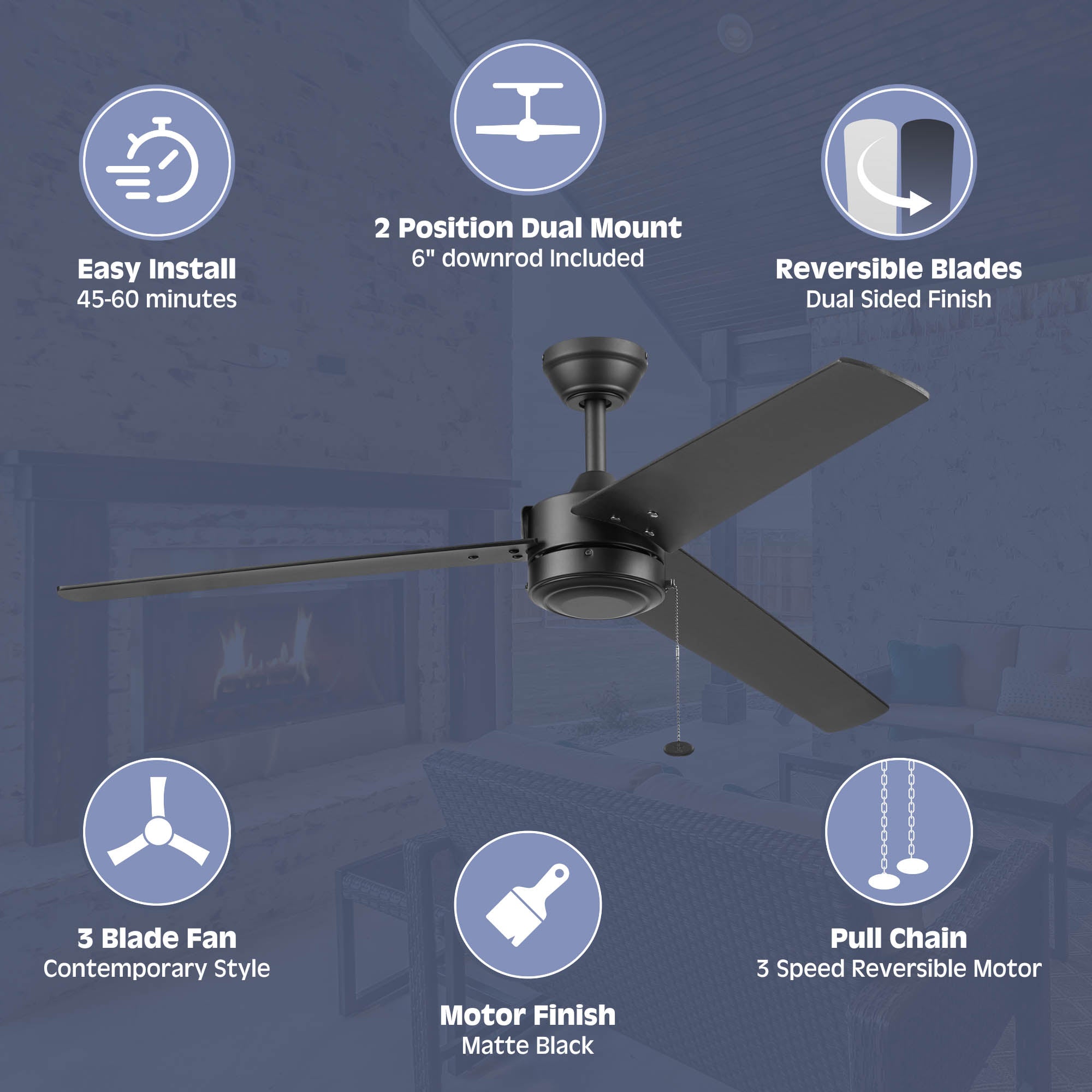 52 Inch Tenant, Matte Black, Pull Chain, Indoor/Outdoor Ceiling Fan