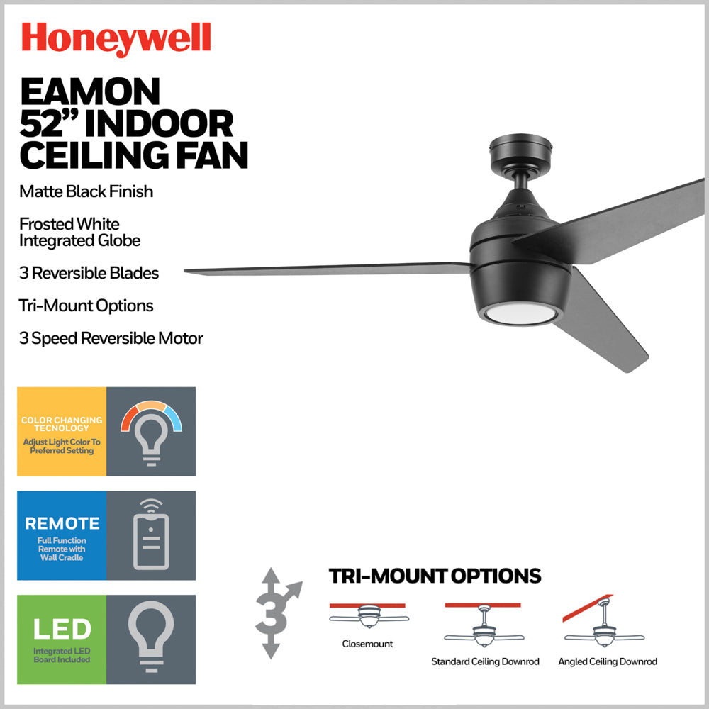 52 Inch Honeywell Eamon Matte Black Ceilling Fan with Light and Remote