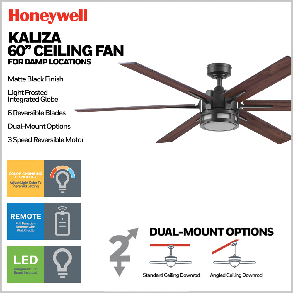 60 Inch Honeywell Kaliza Matte Black Color Changing LED Ceiling Fan with Light and Remote