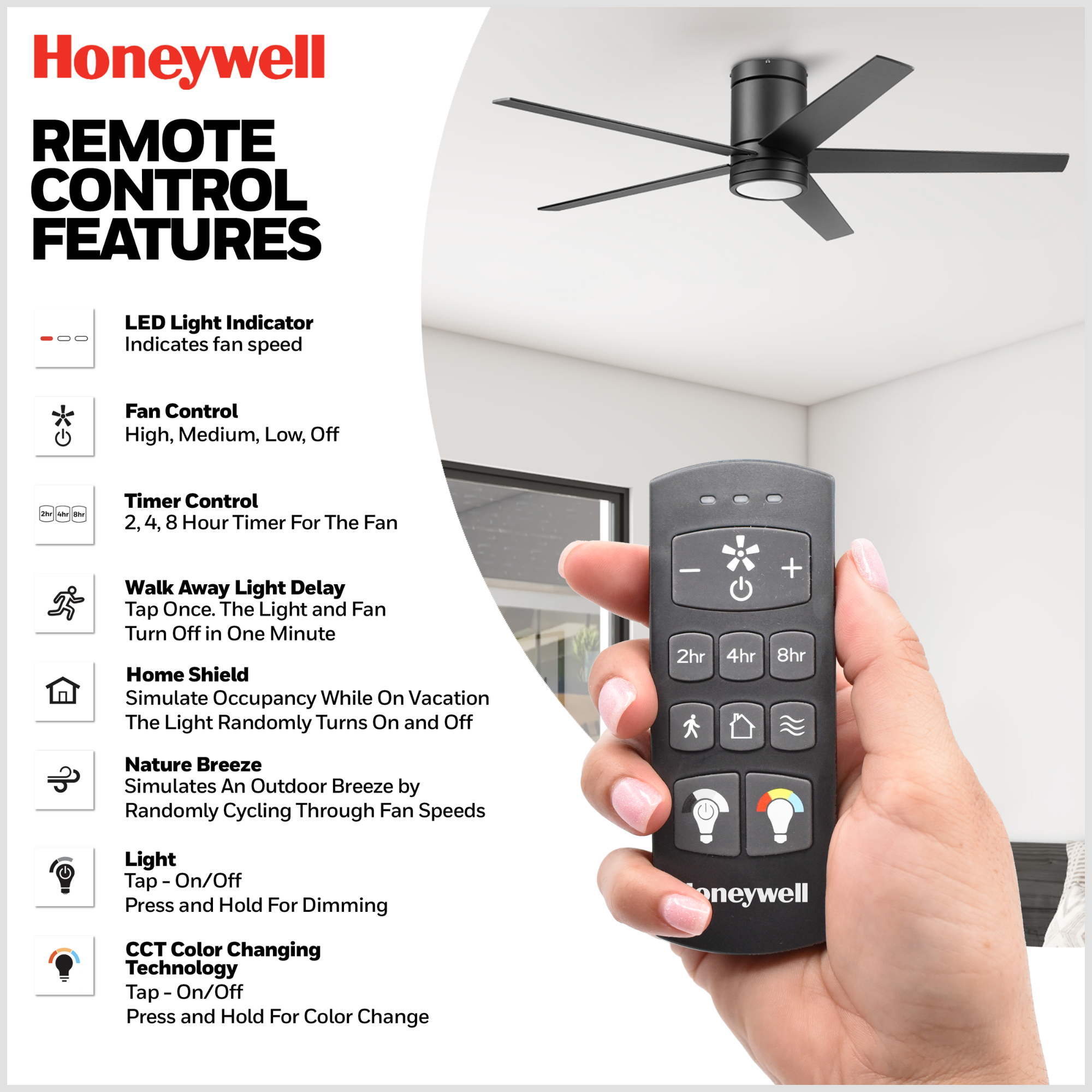 52 Inch Honeywell Graceshire Matte Black Ceiling Fan with Light and Remote