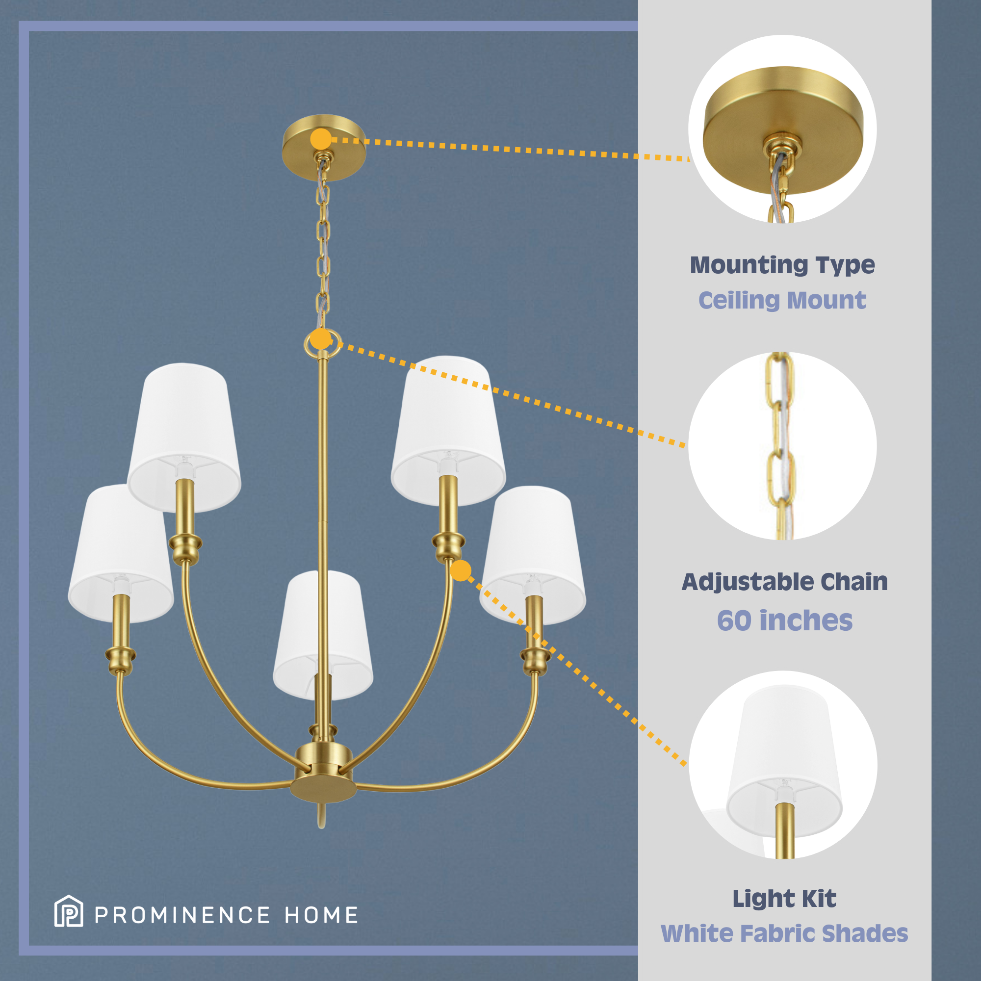 5-Light Billet Chandelier, Brushed Gold, Fabric Shades