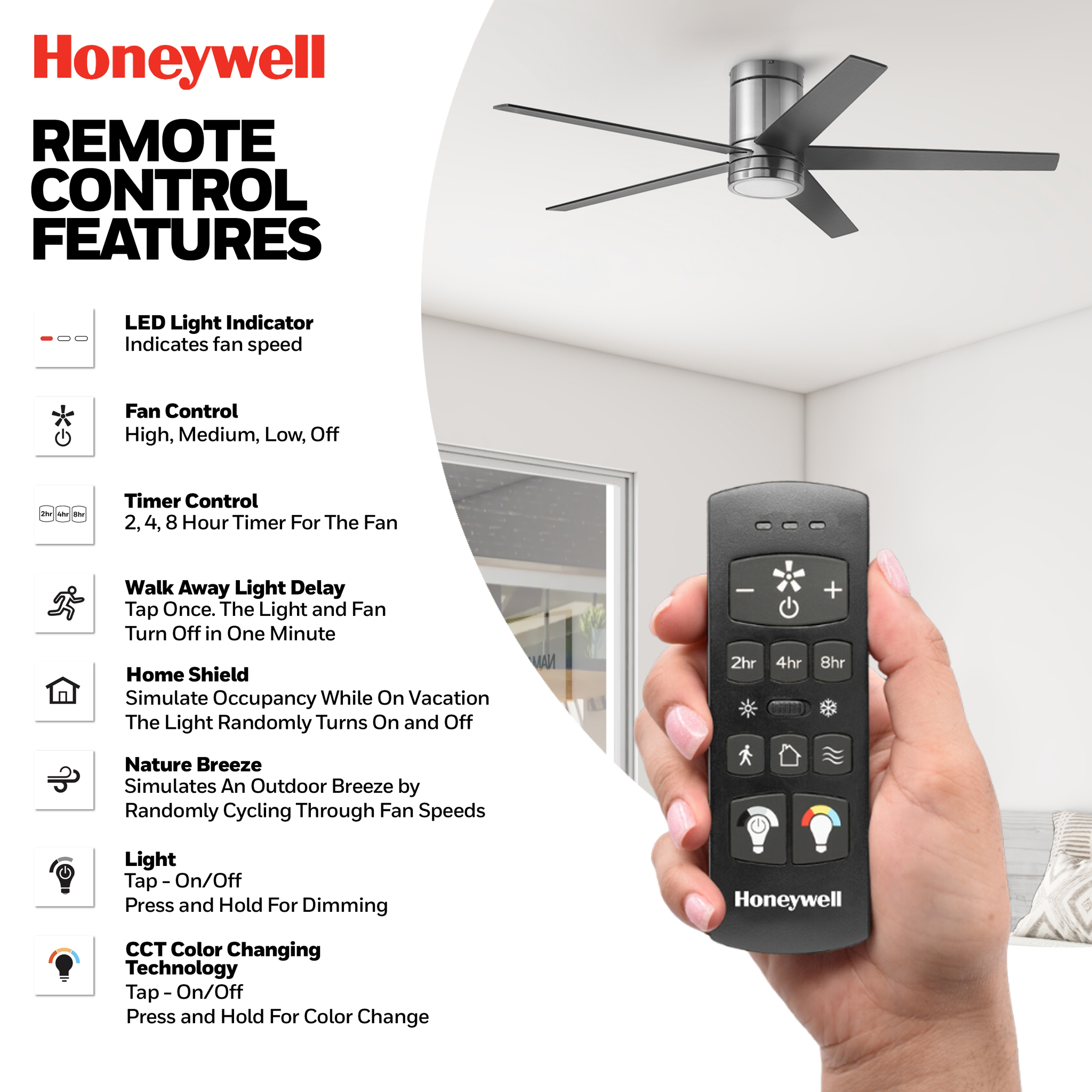 52 Inch Honeywell Graceshire Brushed Nickel Ceiling Fan with Light and Remote