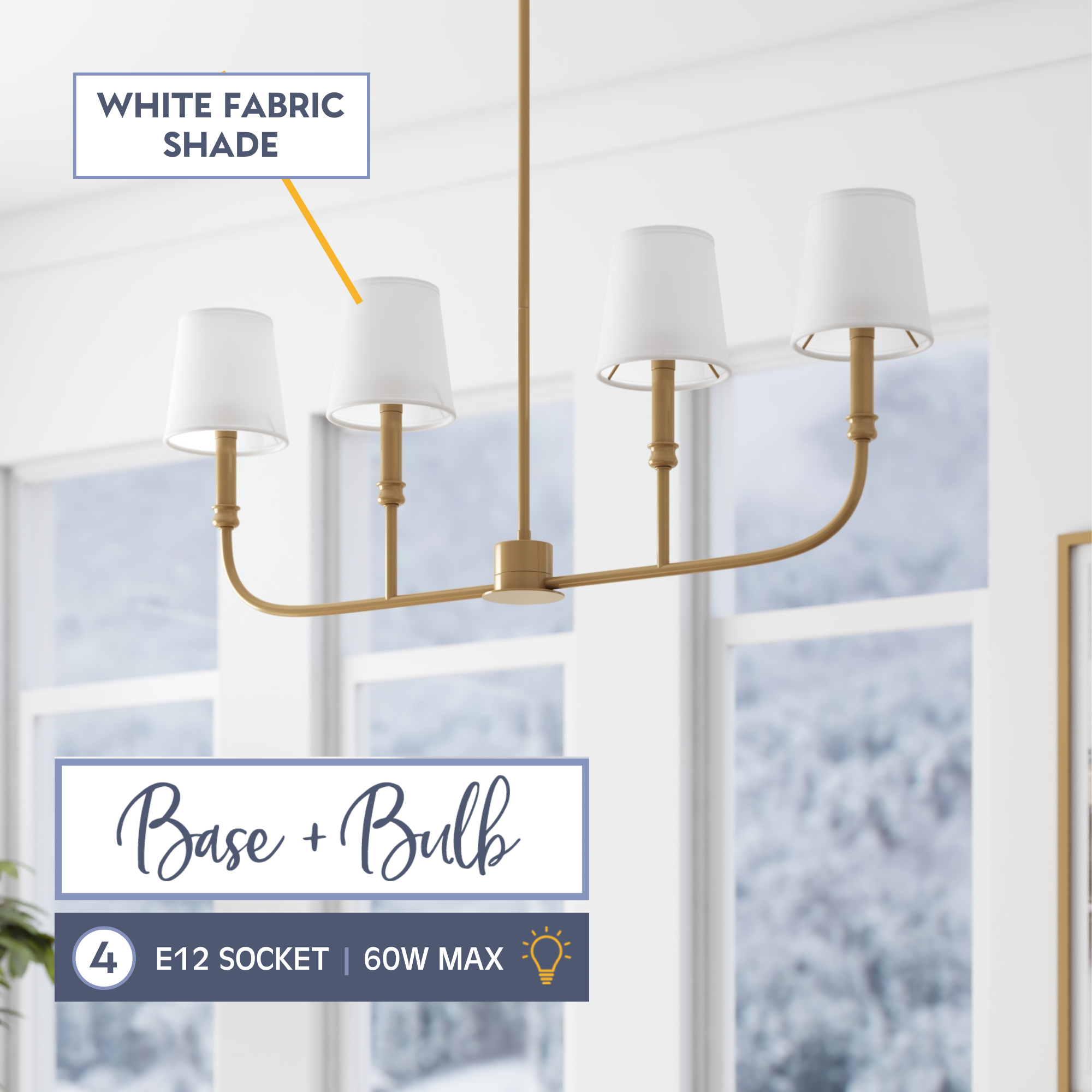 4-Light Billet Linear Chandelier, Brushed Gold, Fabric Shades