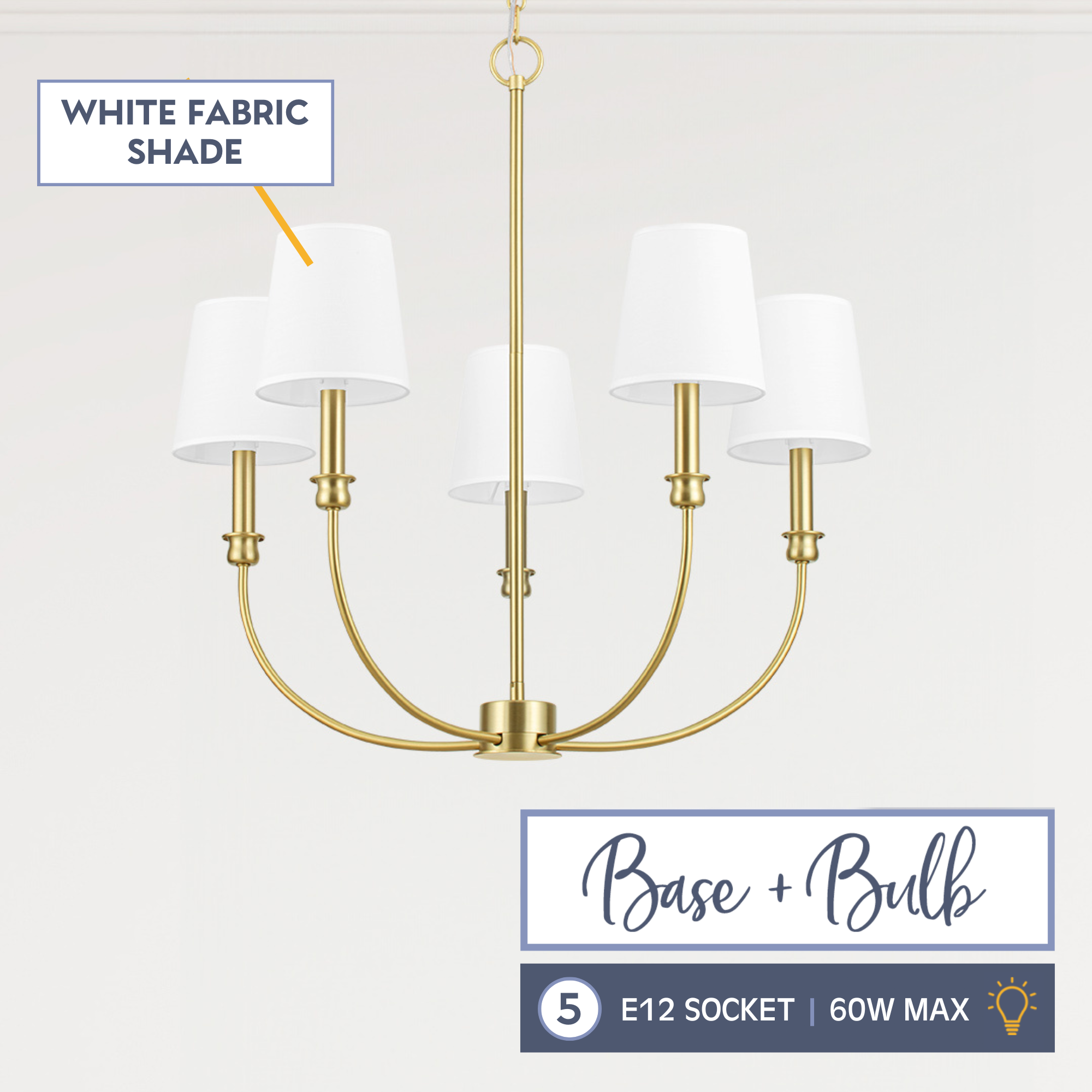 5-Light Billet Chandelier, Brushed Gold, Fabric Shades