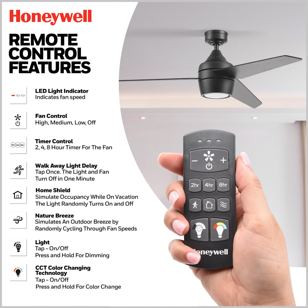 52 Inch Honeywell Eamon Matte Black Ceilling Fan with Light and Remote