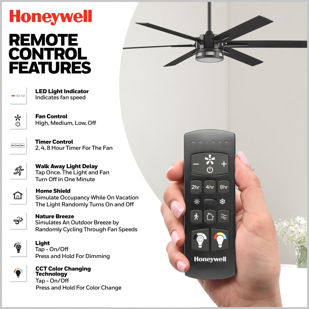 60 Inch Honeywell Kaliza Matte Black Color Changing LED Ceiling Fan with Light and Remote