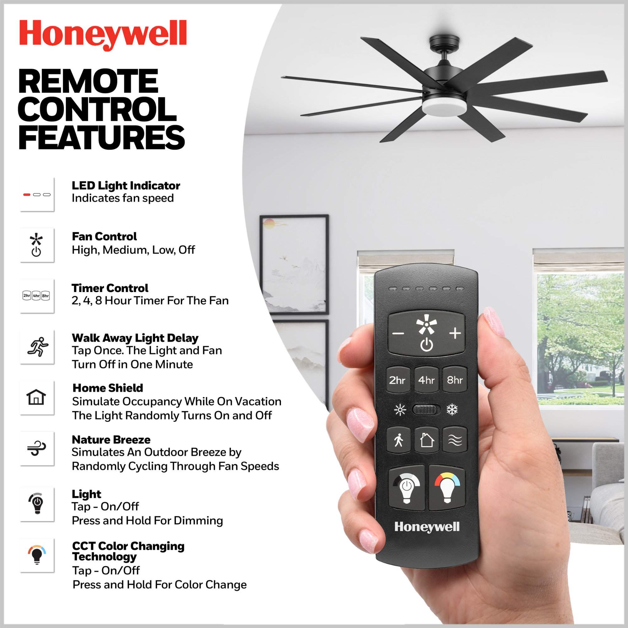 62 Inch Honeywell Kildee Matte Black Color Changing LED Ceiling Fan with Light and Remote