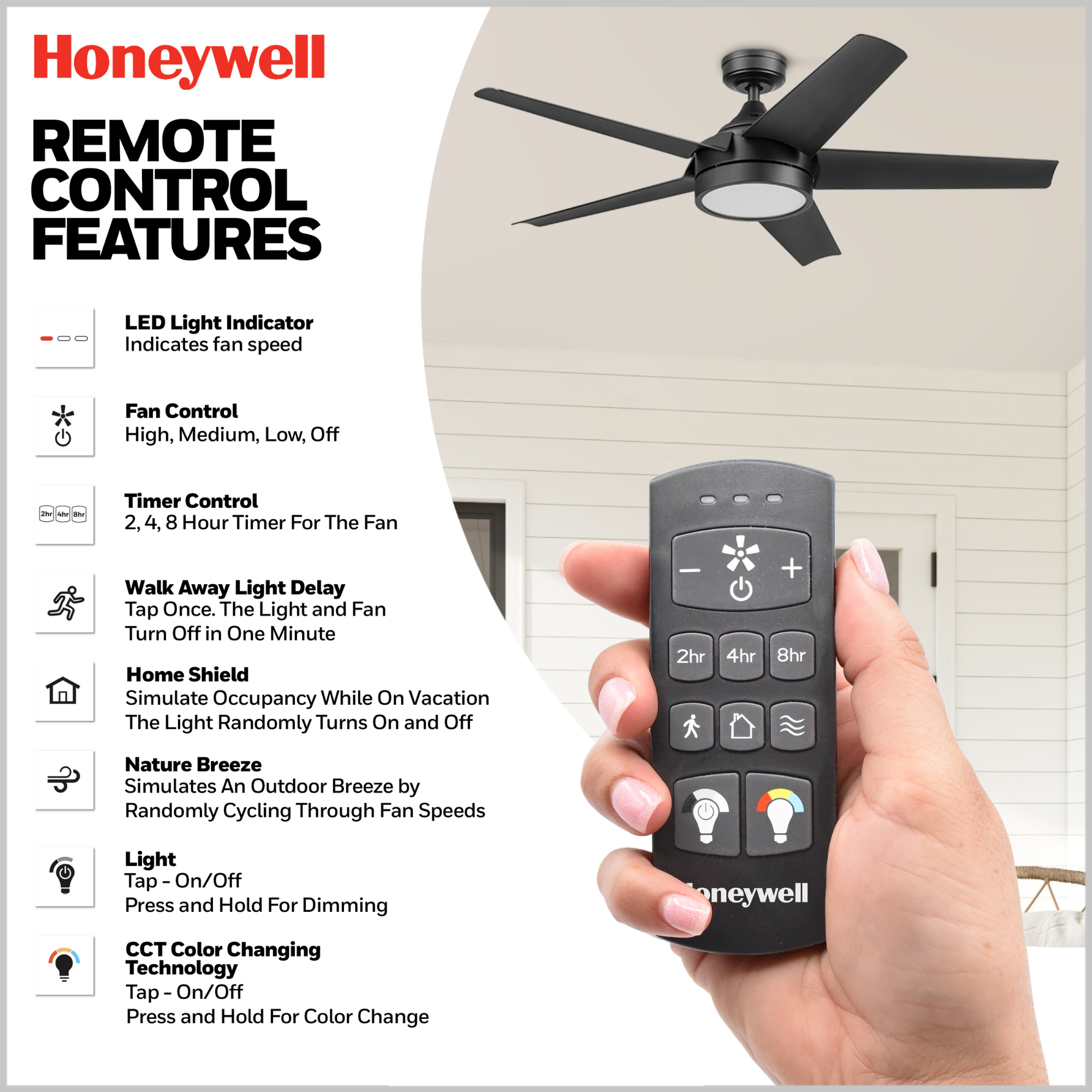 52 Inch Honeywell Byard Matte Black Color Changing LED Ceiling Fan with Light and Remote