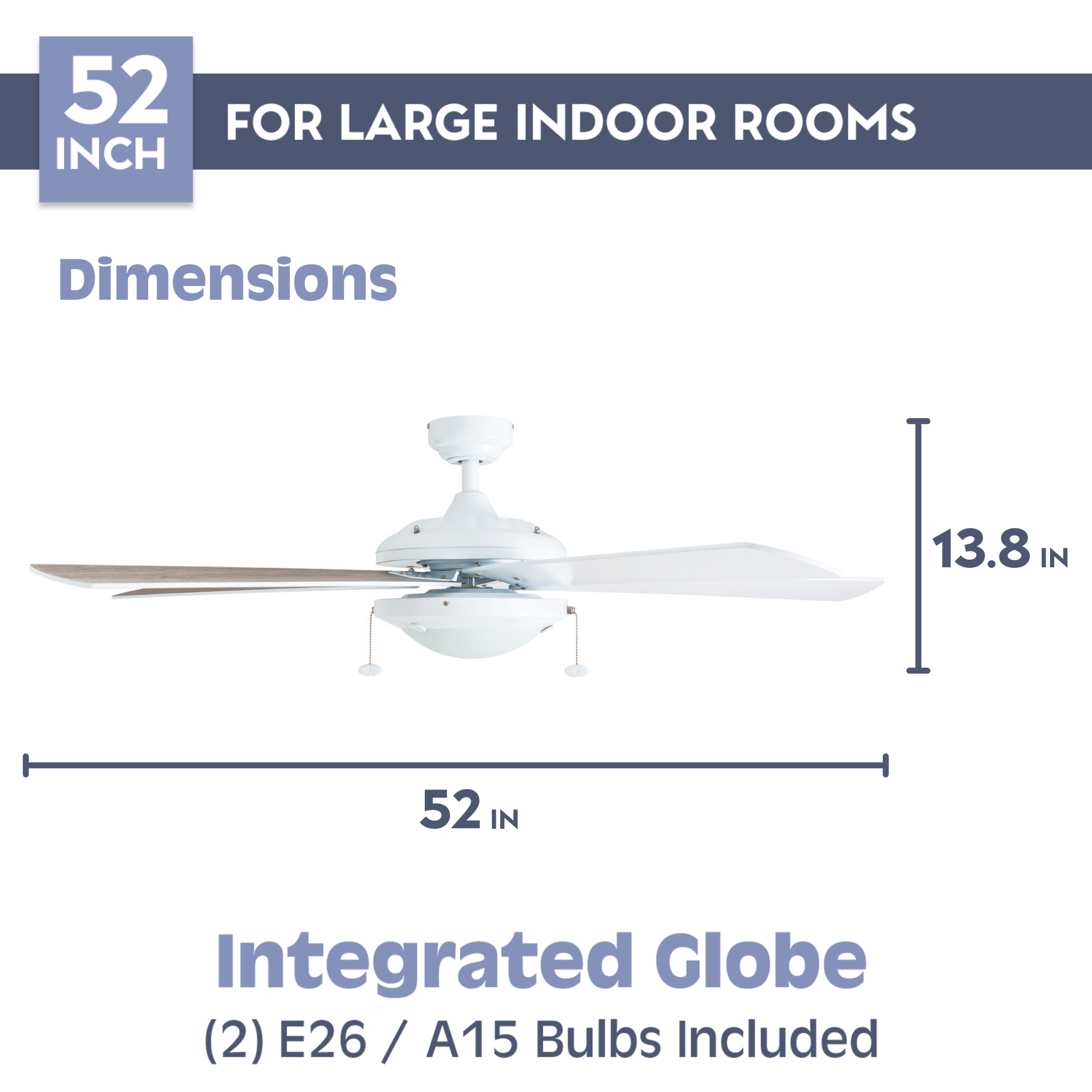 52 Inch Bolivar, White, Pull Chain, Ceiling Fan by Prominence Home