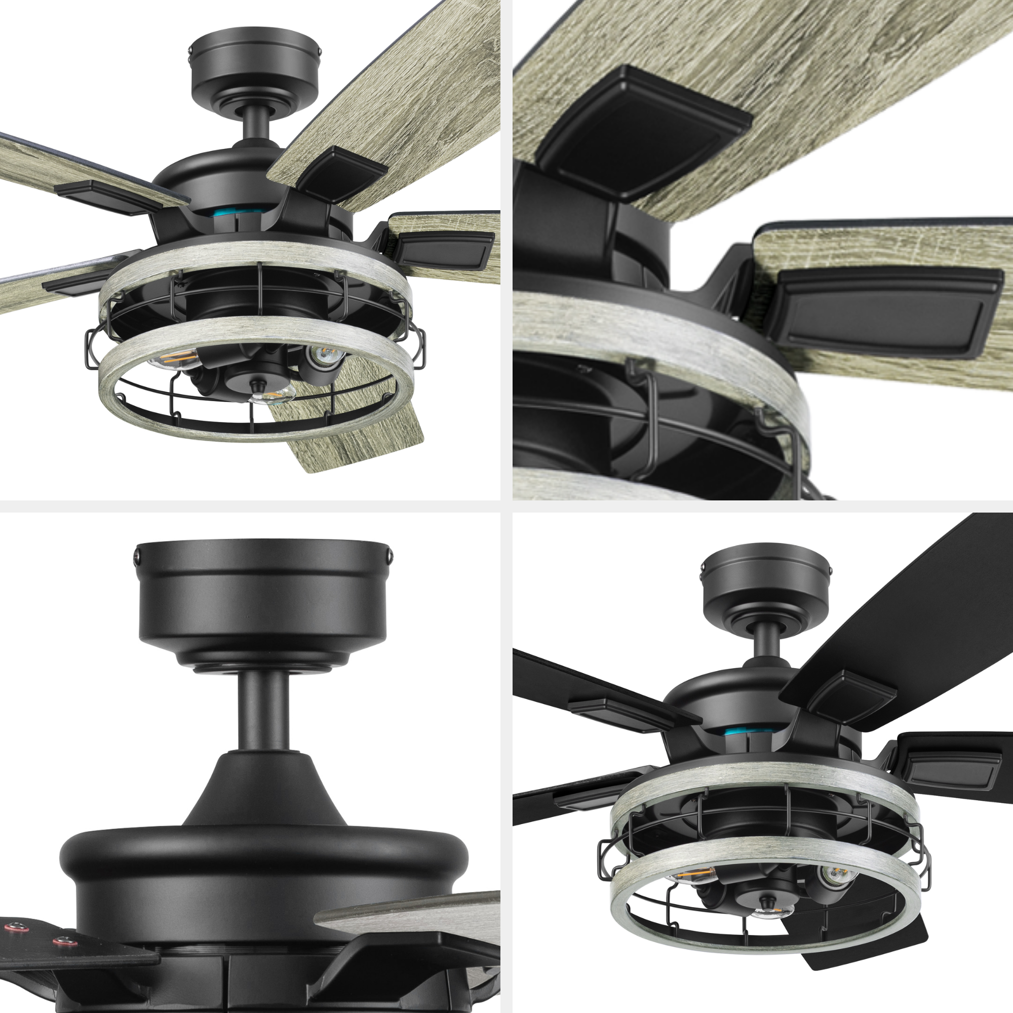 52 Inch Honeywell Carnegie Matte Black Ceiling Fan with Gray Cage Light and Remote