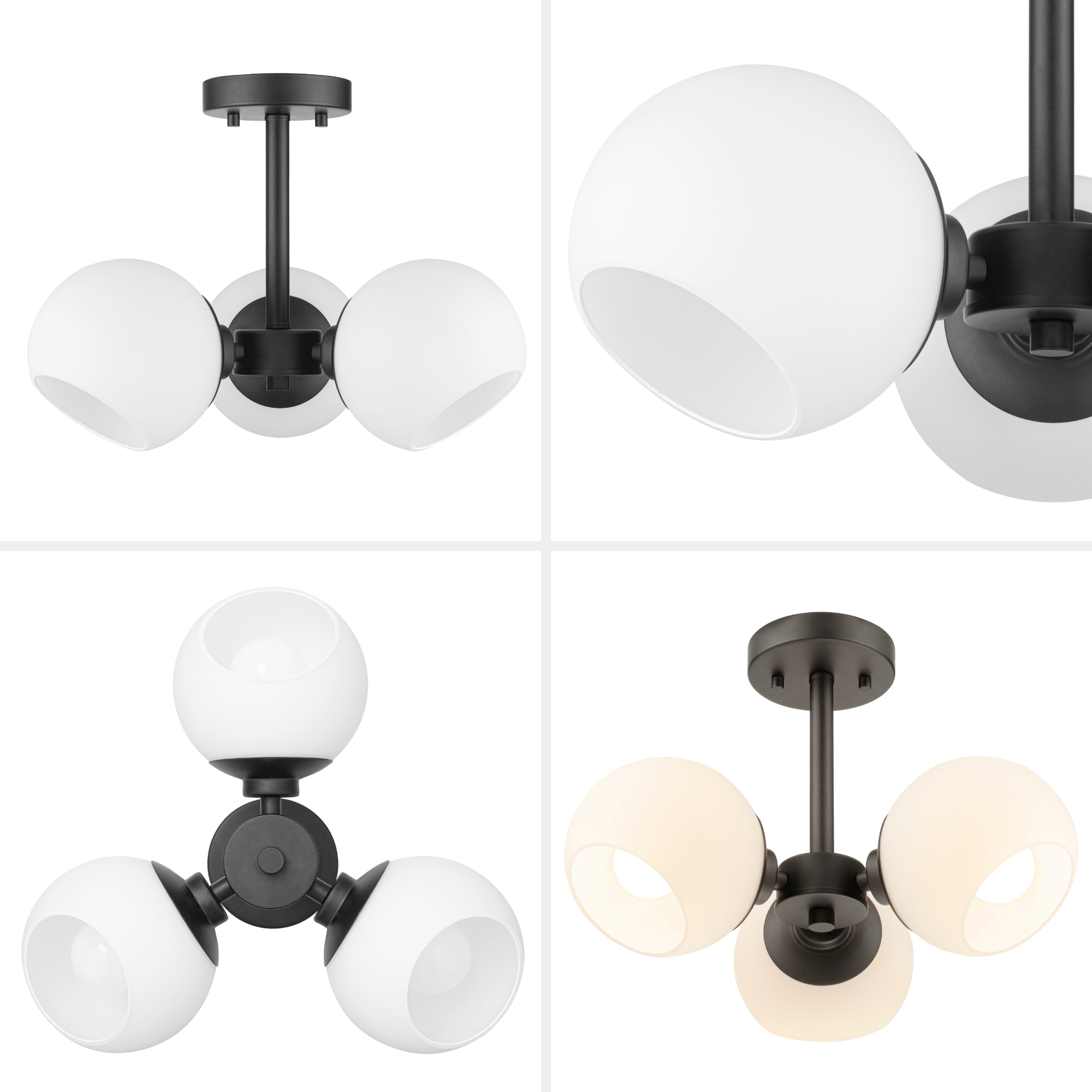 3-Light Stoll Semi-Flush, Matte Black, Opal Glass