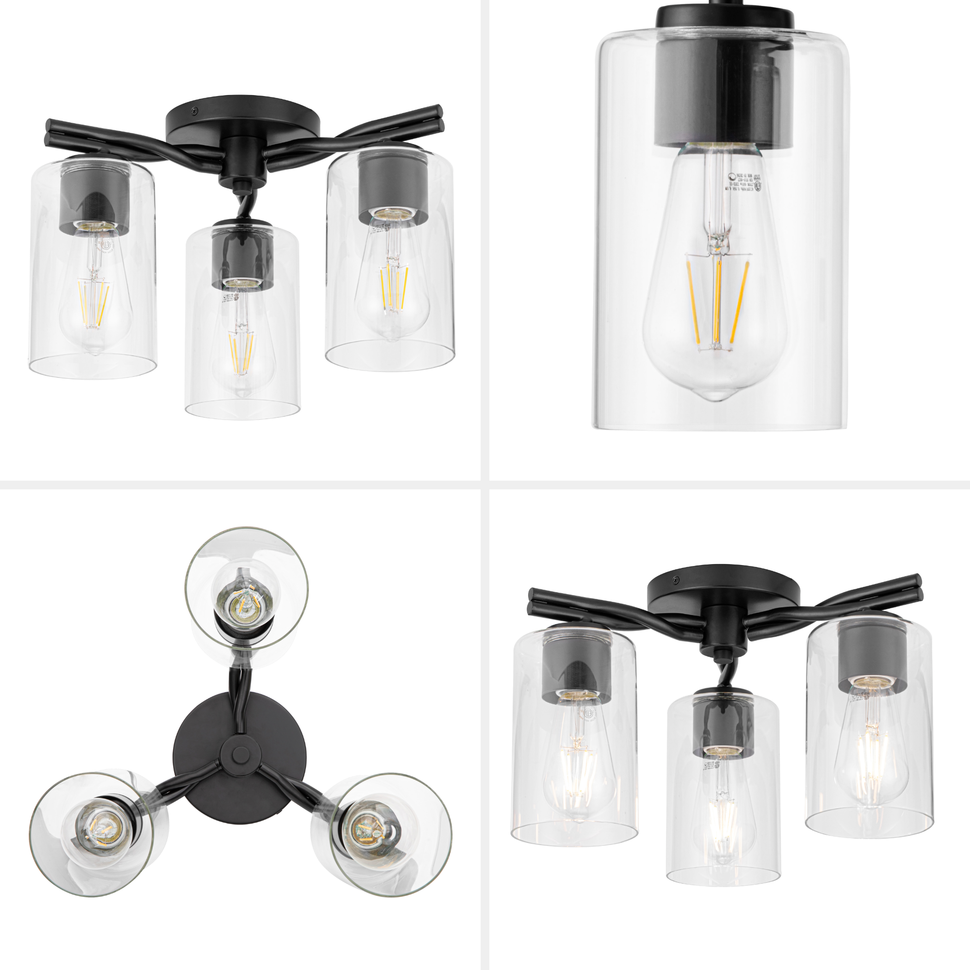 3-Light Lantier Semi-Flush, Matte Black, Clear Glass