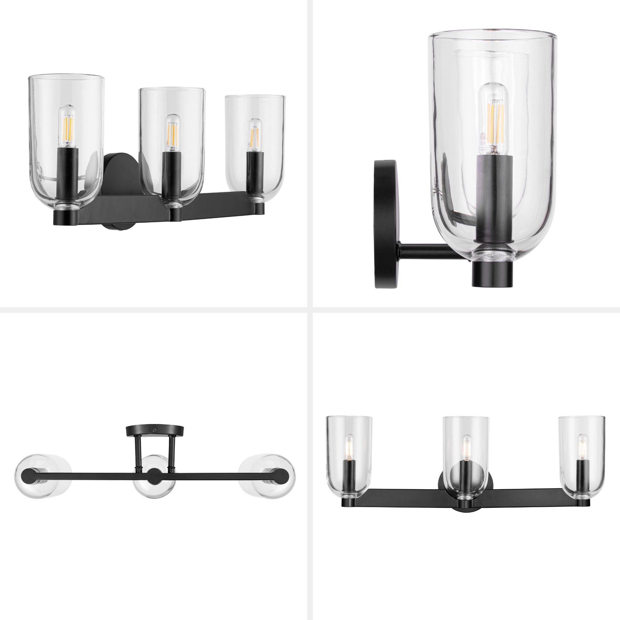 3-Light Hansley Vanity, Matte Black, Clear Glass