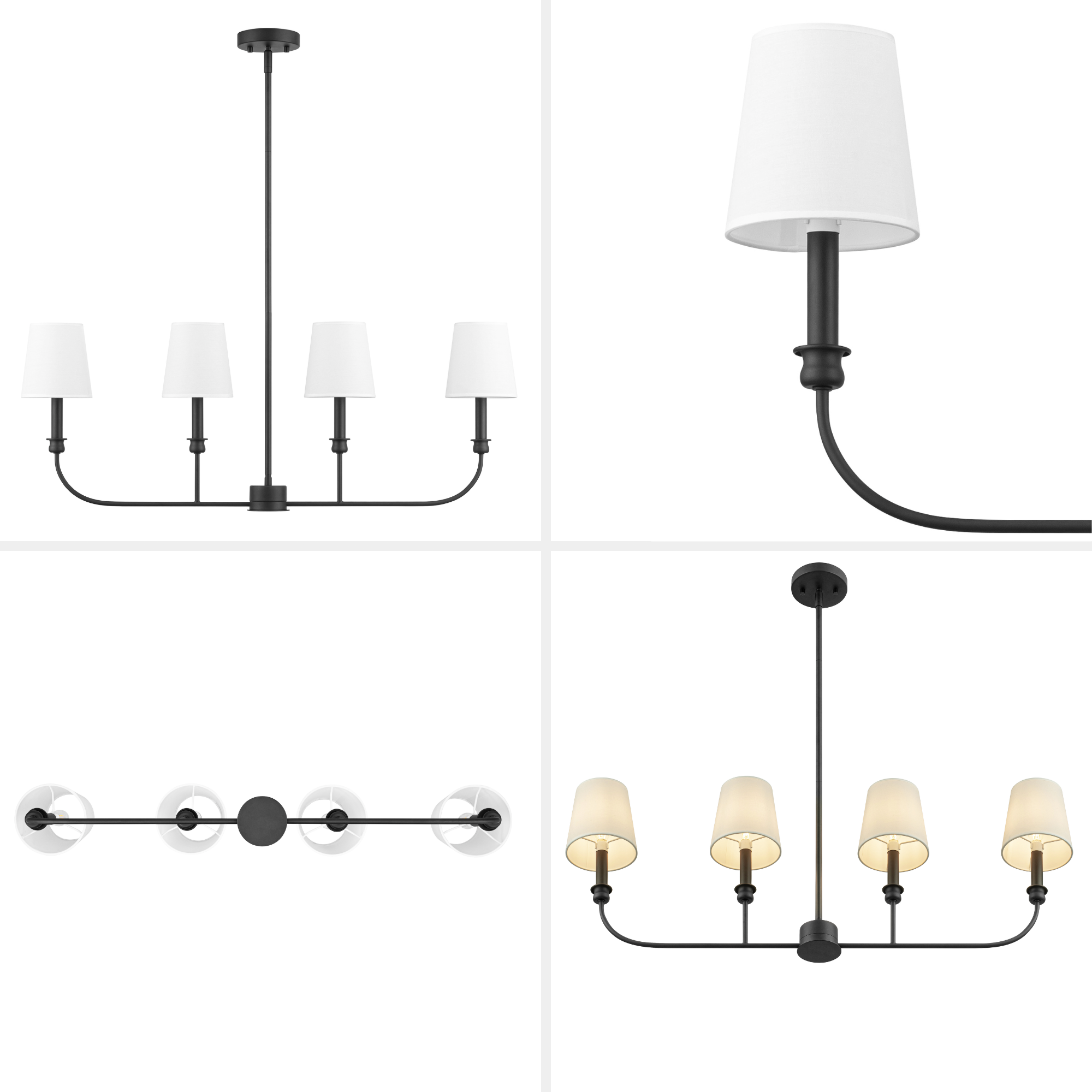 4-Light Billet Linear Chandelier, Matte Black, Fabric Shades