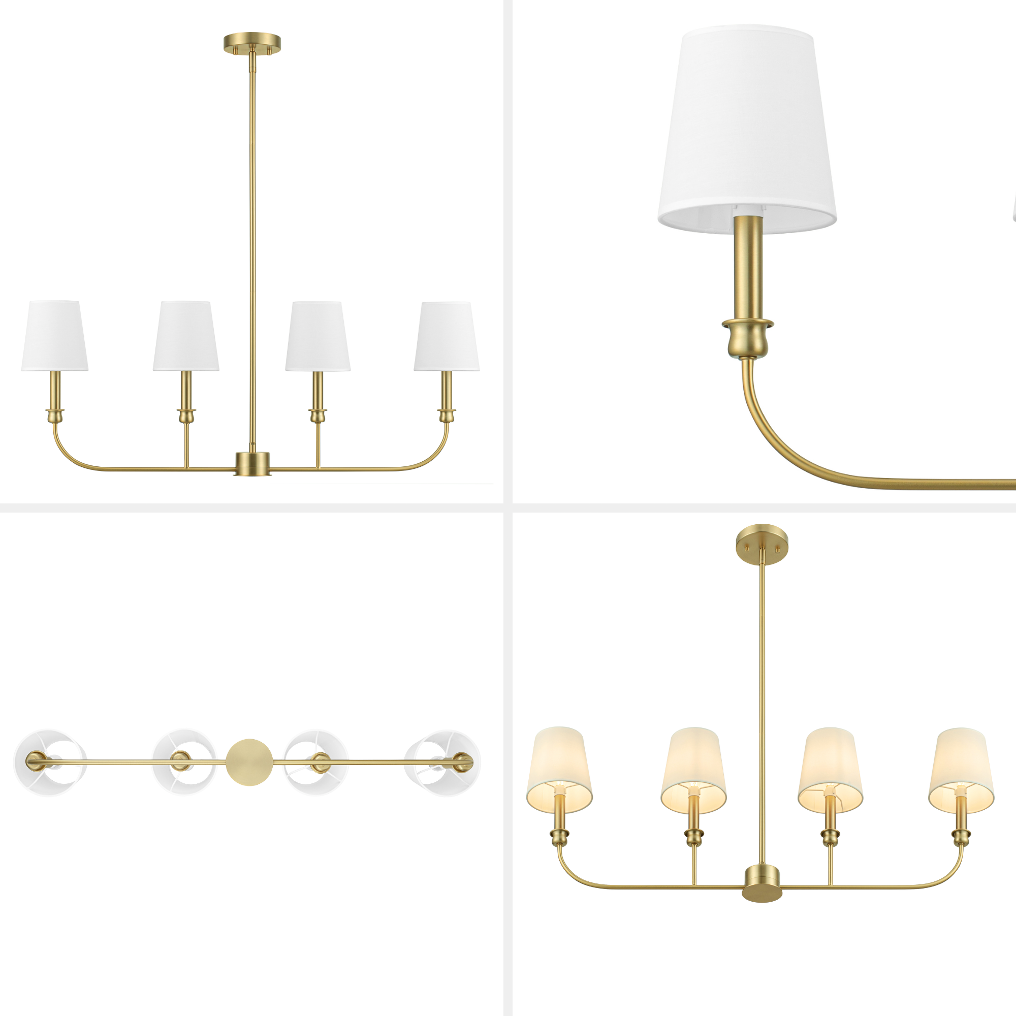 4-Light Billet Linear Chandelier, Brushed Gold, Fabric Shades