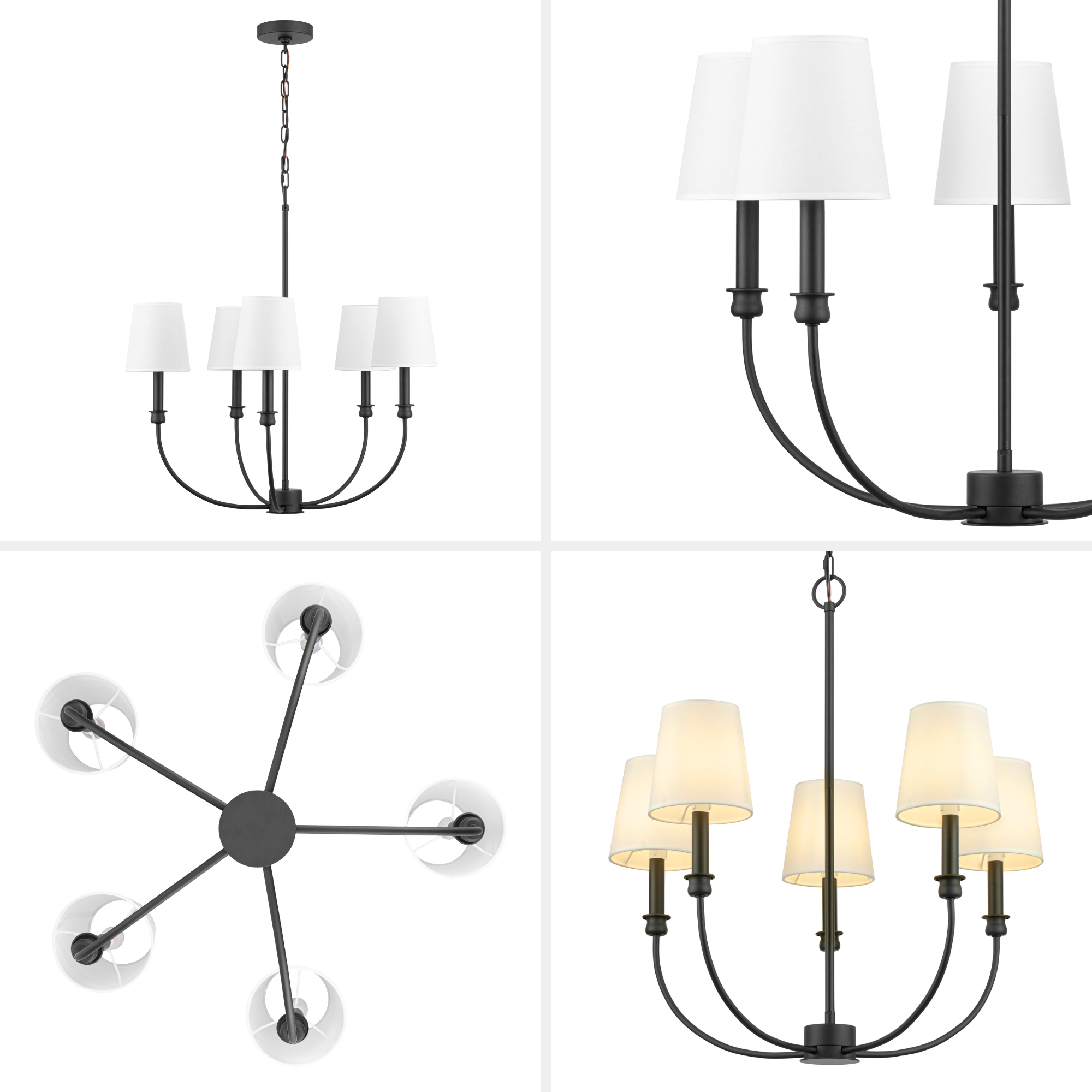 5-Light Billet Chandelier, Matte Black, Fabric Shades