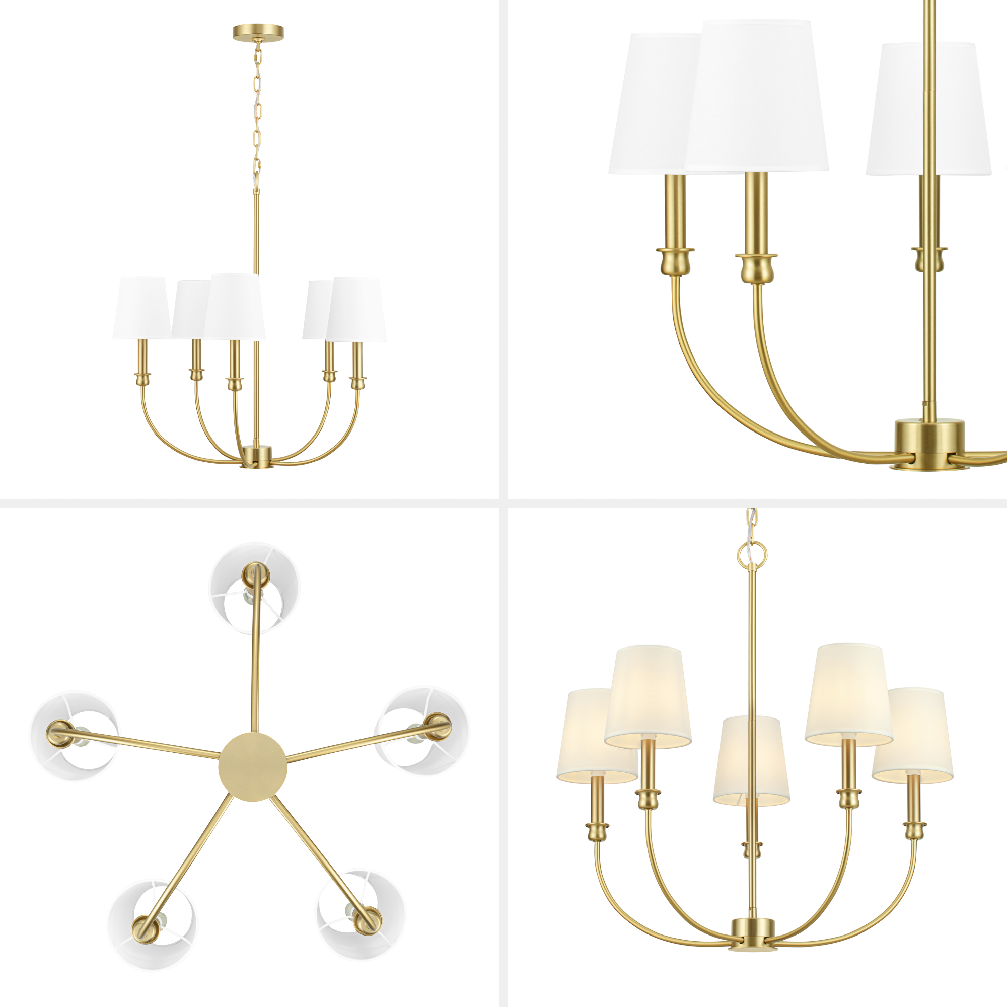 5-Light Billet Chandelier, Brushed Gold, Fabric Shades