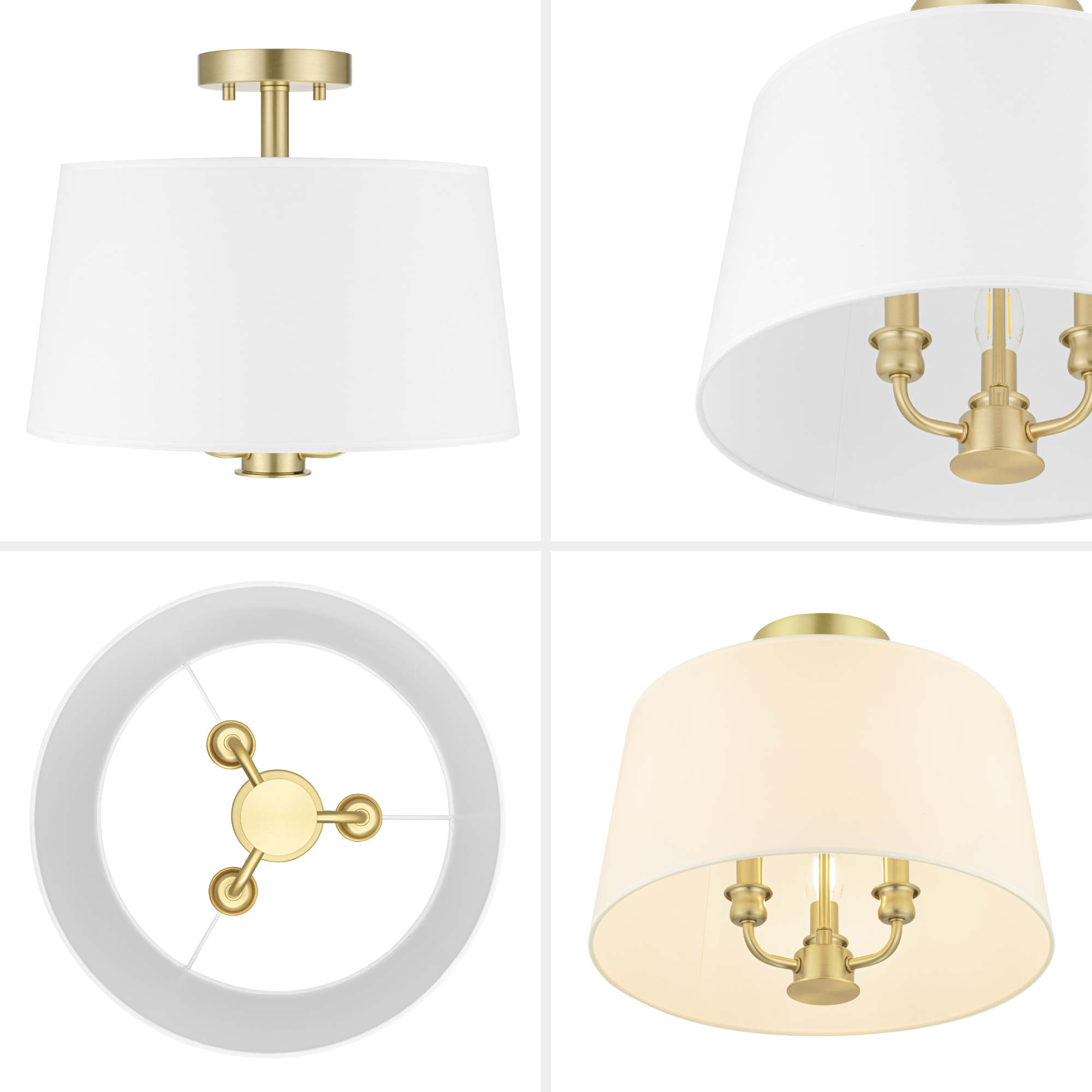 3-Light Billet Convertible Pendant/Semi-Flush, Brushed Gold, Fabric Shades