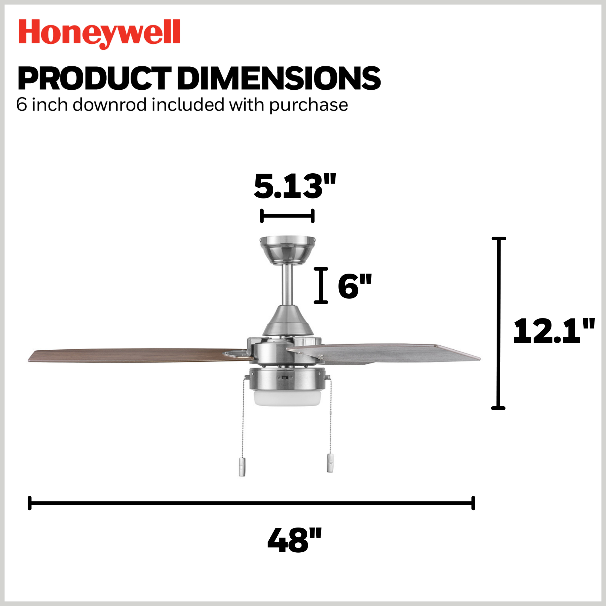 48 Inch Honeywell Berryhill Brushed Nickel Ceiling Fan with Light and Pull Chain