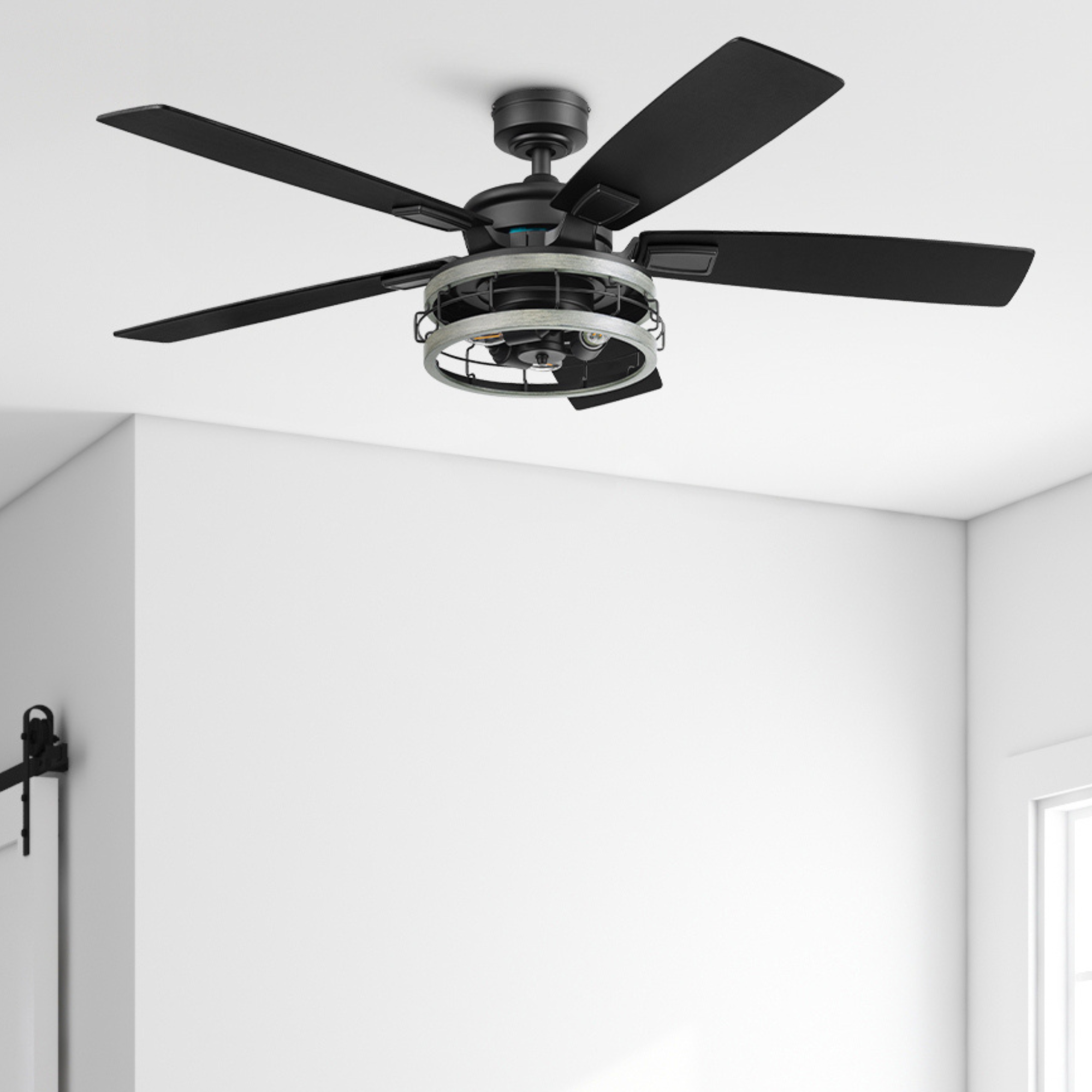 52 Inch Honeywell Carnegie Matte Black Ceiling Fan with Gray Cage Light and Remote